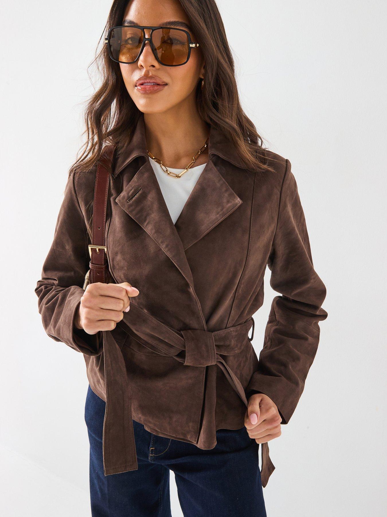 Image 1 of 6 of V by Very Belted Real Suede Jacket - Chocolate