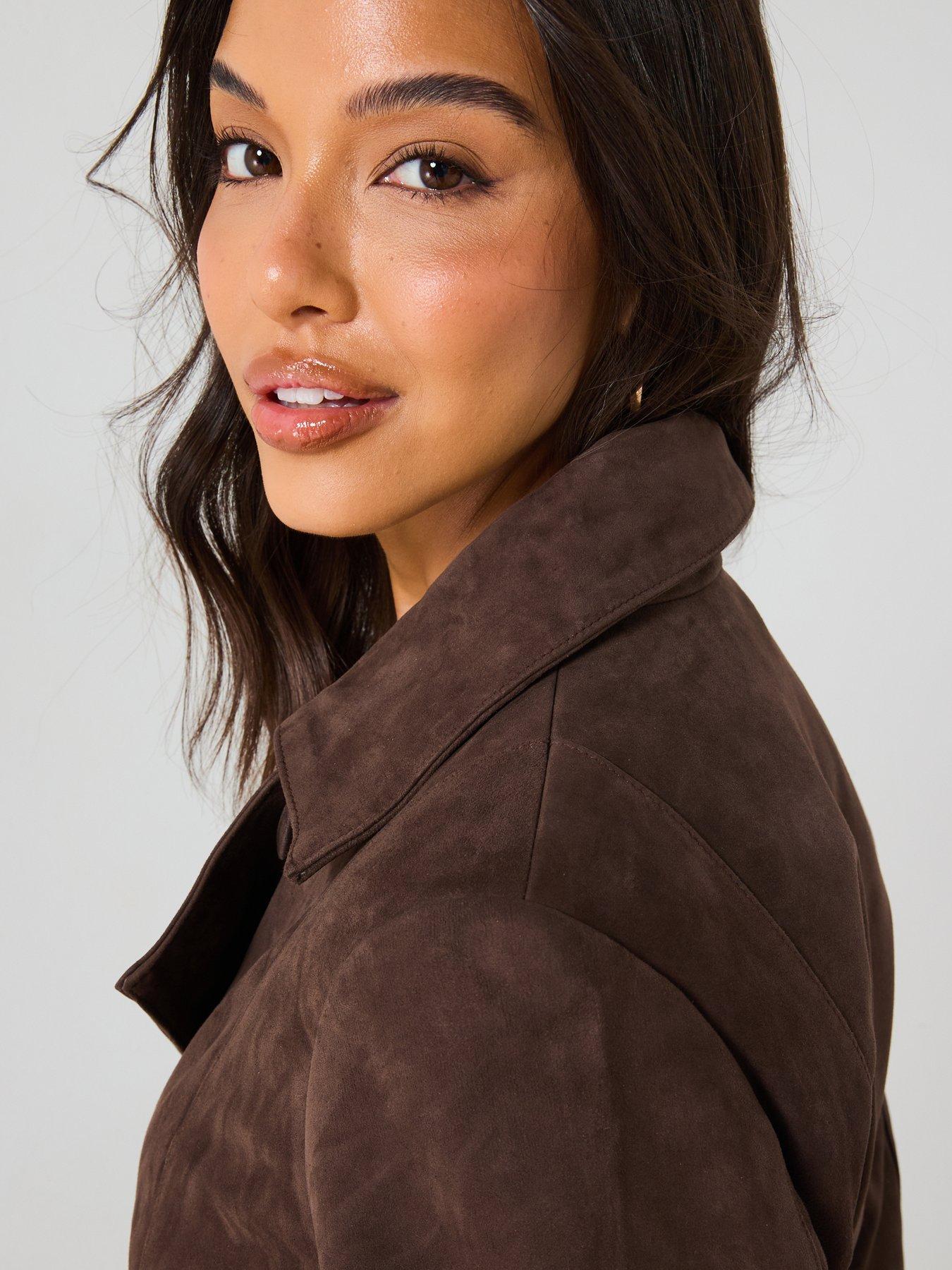 Image 4 of 6 of V by Very Belted Real Suede Jacket - Chocolate