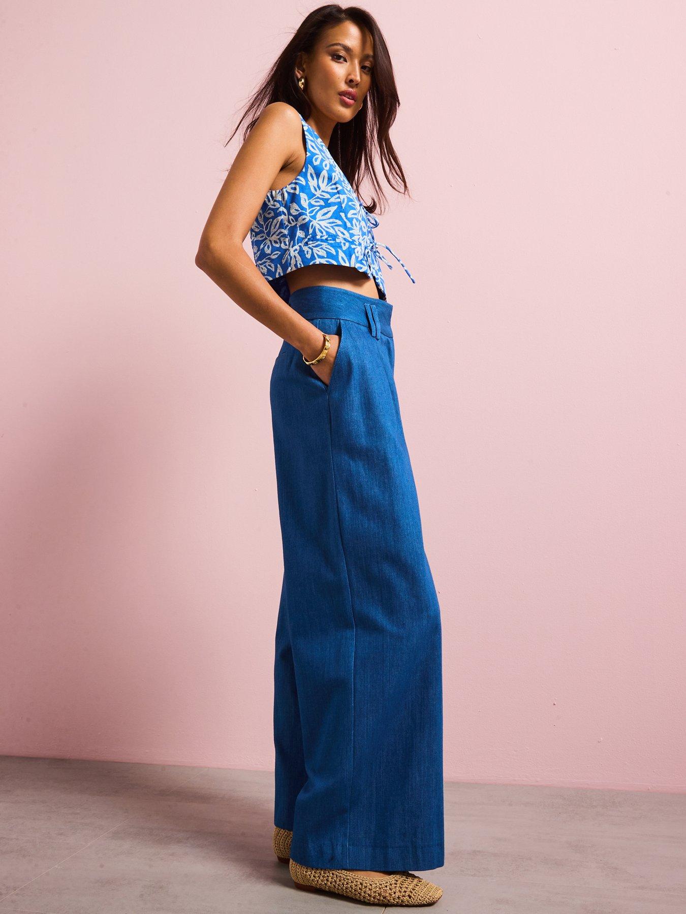 undefined High Waisted Wide Leg Trousers - Blue