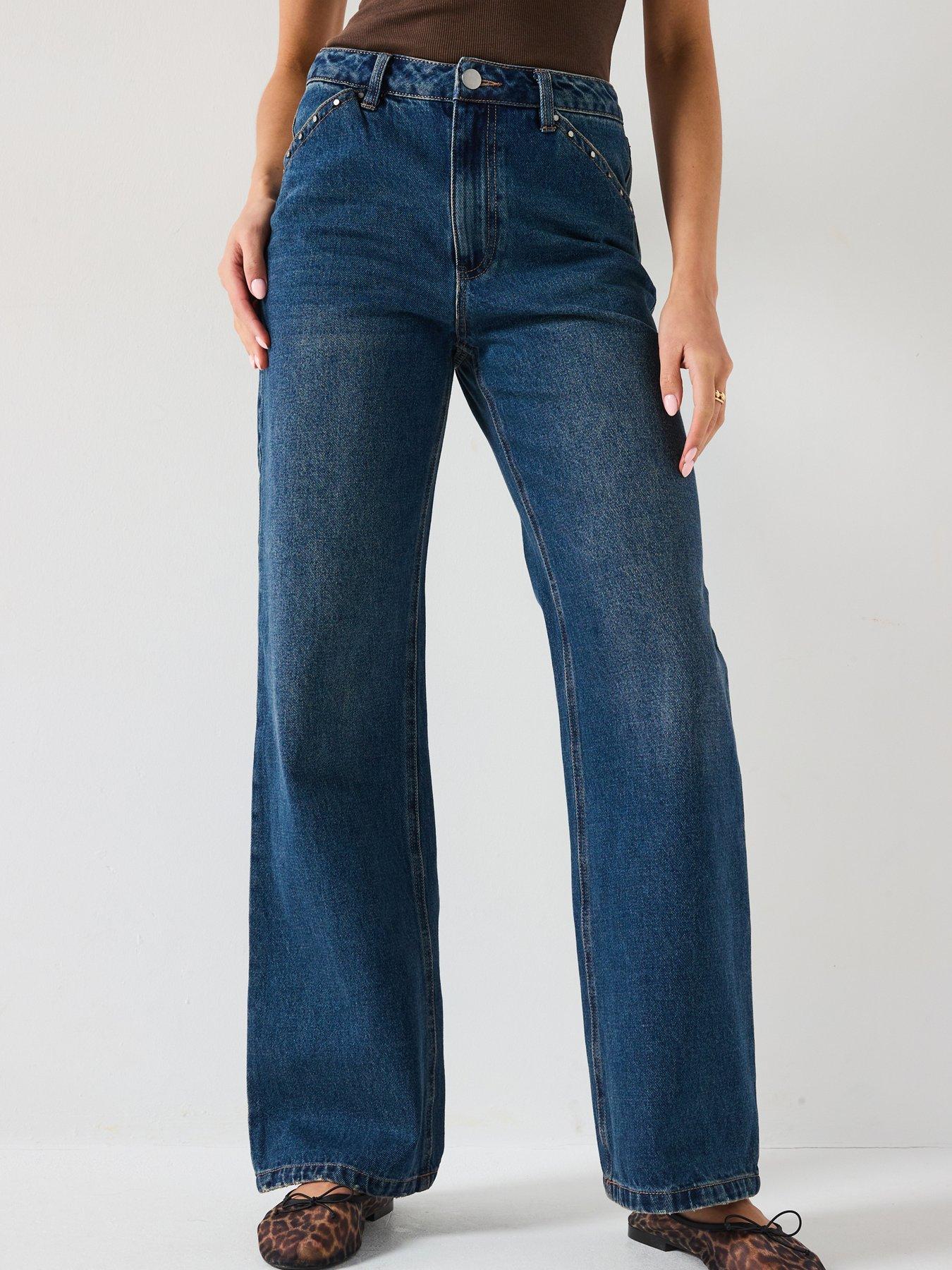 undefined Stud Trim Wide Leg Jeans - Dark Wash