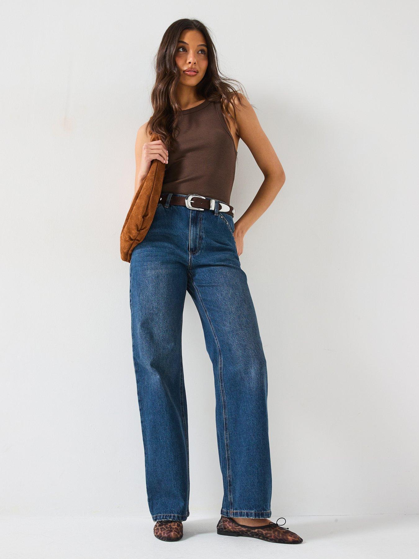 Image 1 of 6 of The Very Collection Stud Trim Wide Leg Jeans - Dark Wash