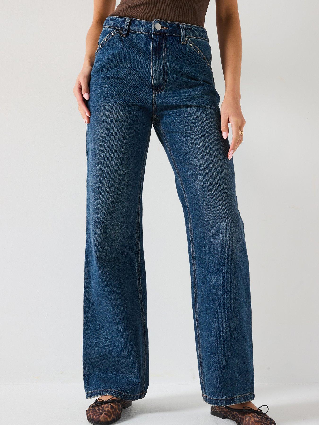 Image 3 of 6 of The Very Collection Stud Trim Wide Leg Jeans - Dark Wash