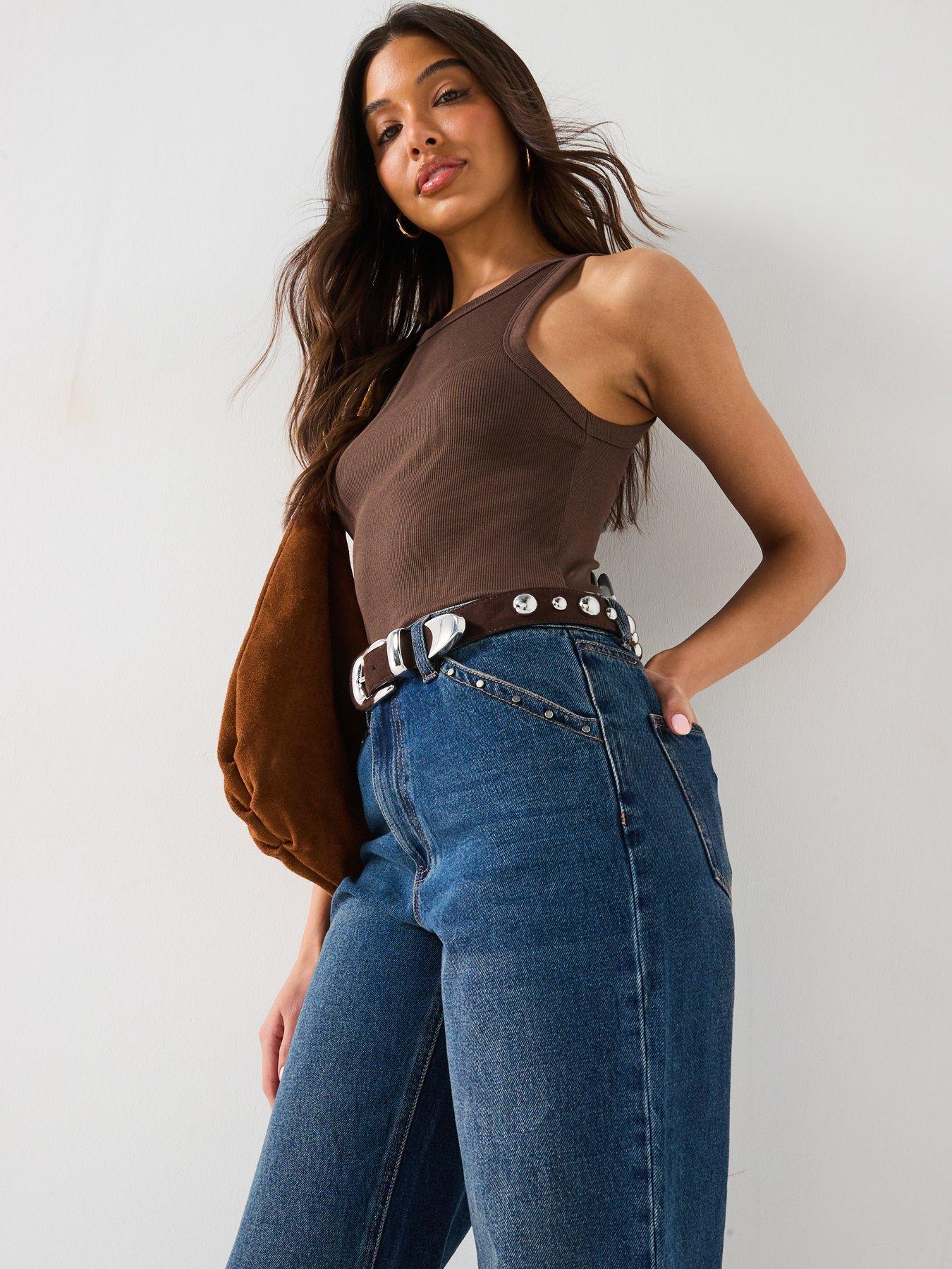 Image 6 of 6 of The Very Collection Stud Trim Wide Leg Jeans - Dark Wash