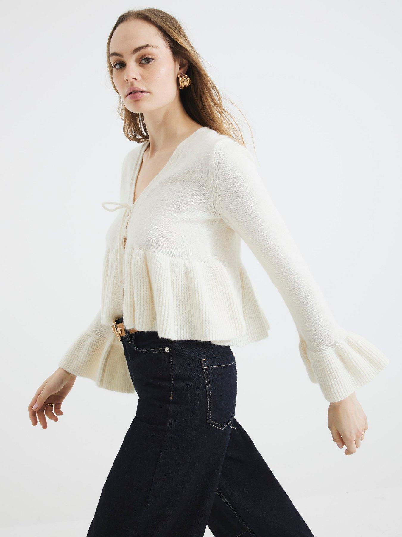 undefined Tie Frill Cardigan - Cream