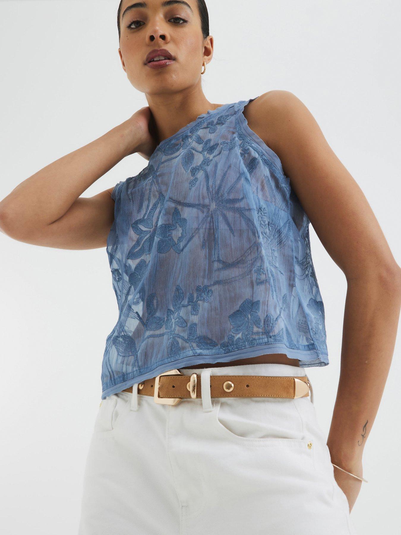 Image 1 of 4 of River Island Sleeveless Floral Embroidered Tank Top - Blue