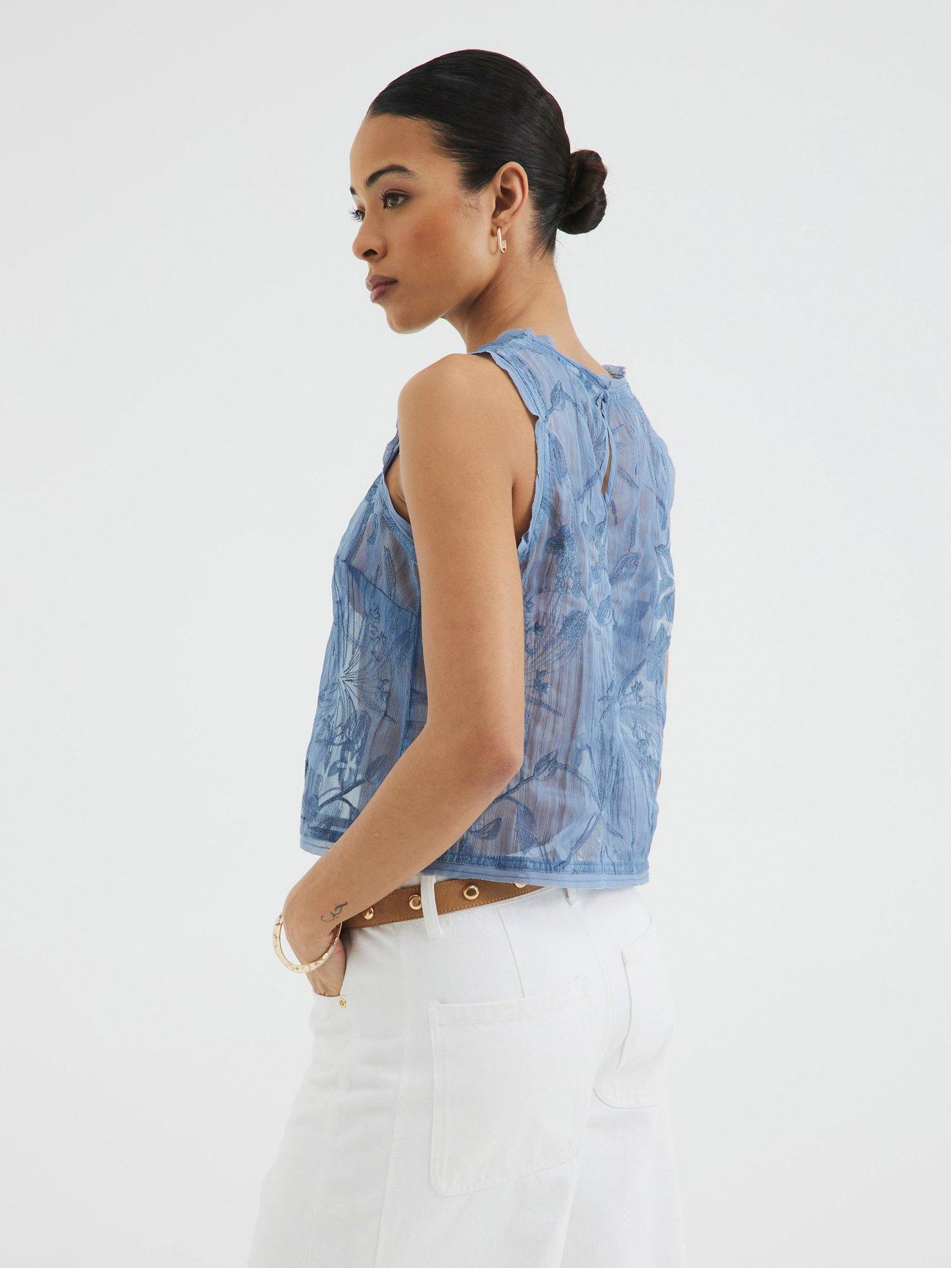 Image 2 of 4 of River Island Sleeveless Floral Embroidered Tank Top - Blue