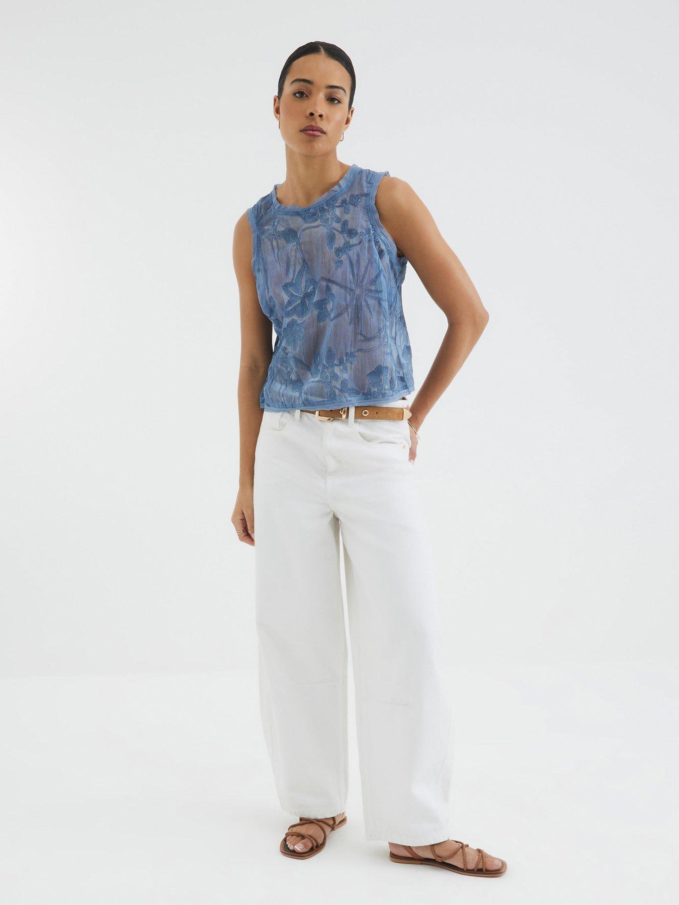 Image 3 of 4 of River Island Sleeveless Floral Embroidered Tank Top - Blue