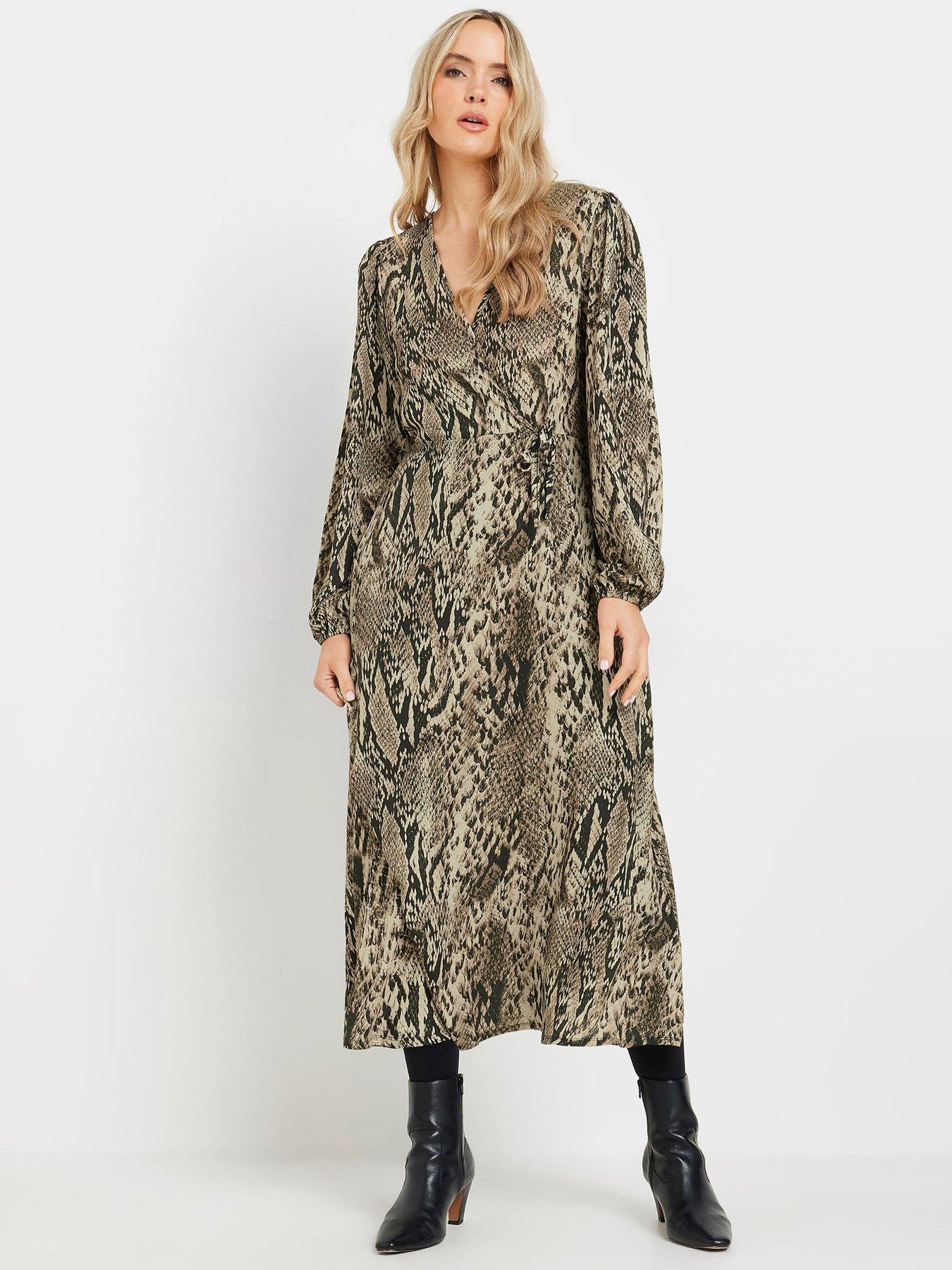 green satin leopard print dress Vila Petite satin midi wrap dress in leopard print green