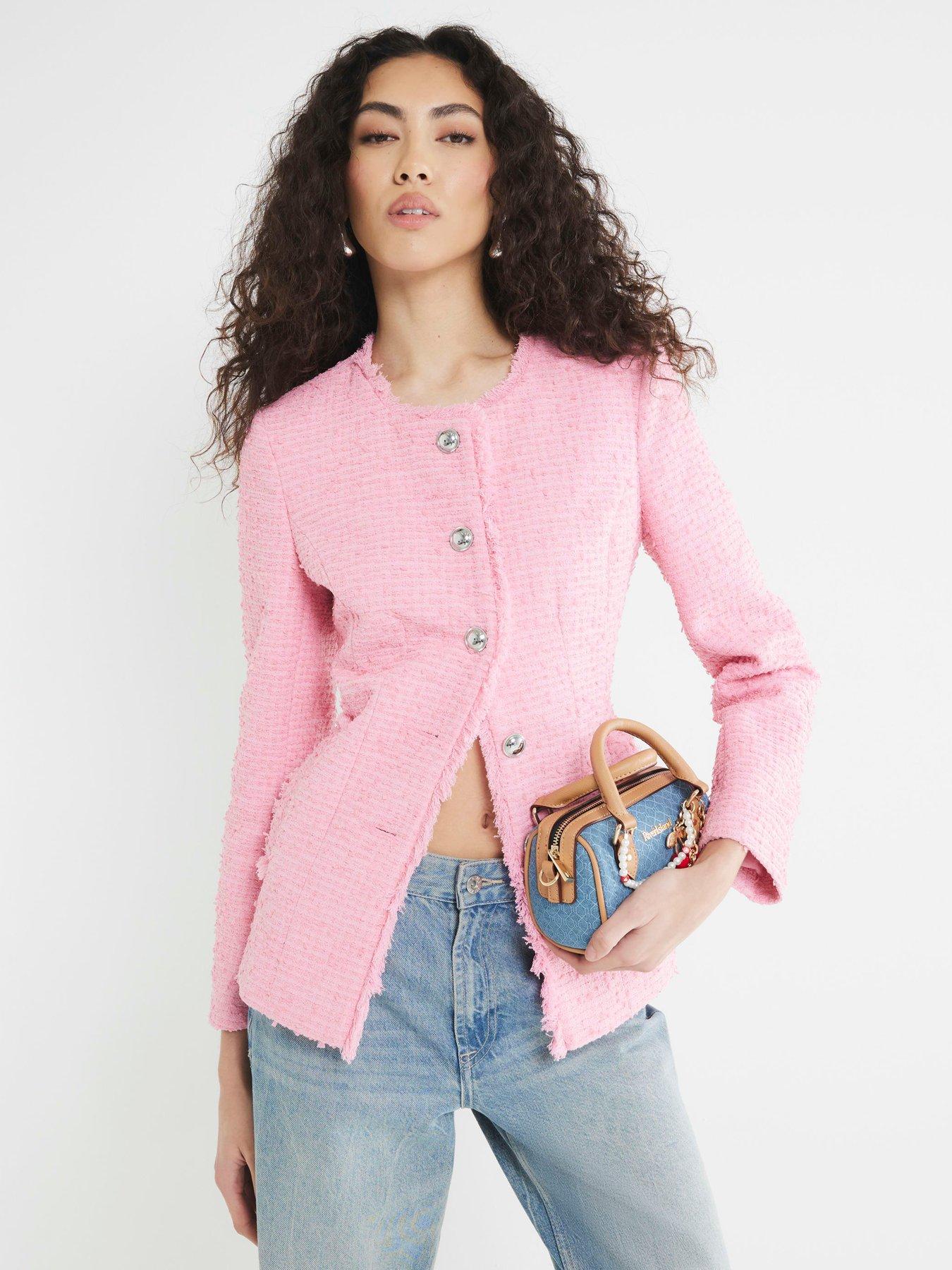 undefined Collarless Boucle Jacket - Pink