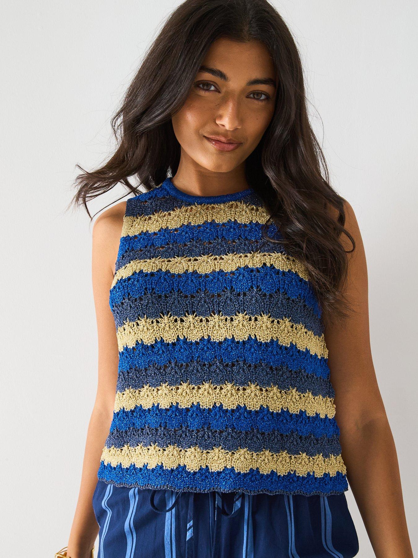 undefined Racer Neck Crochet Short Knitted Top - Multi