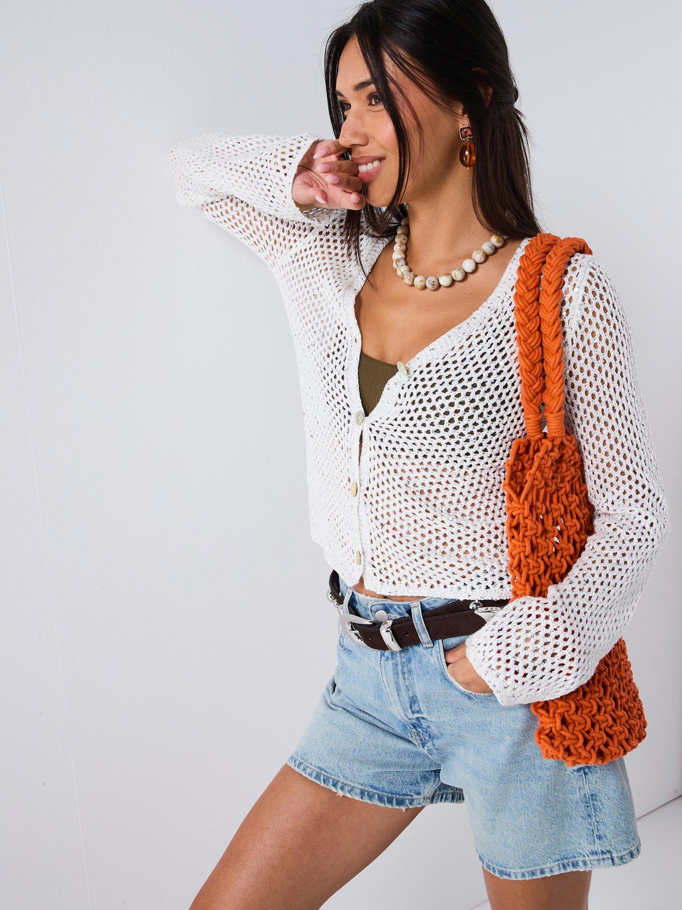 undefined V Neck Sequin Cardigan - Light Cream