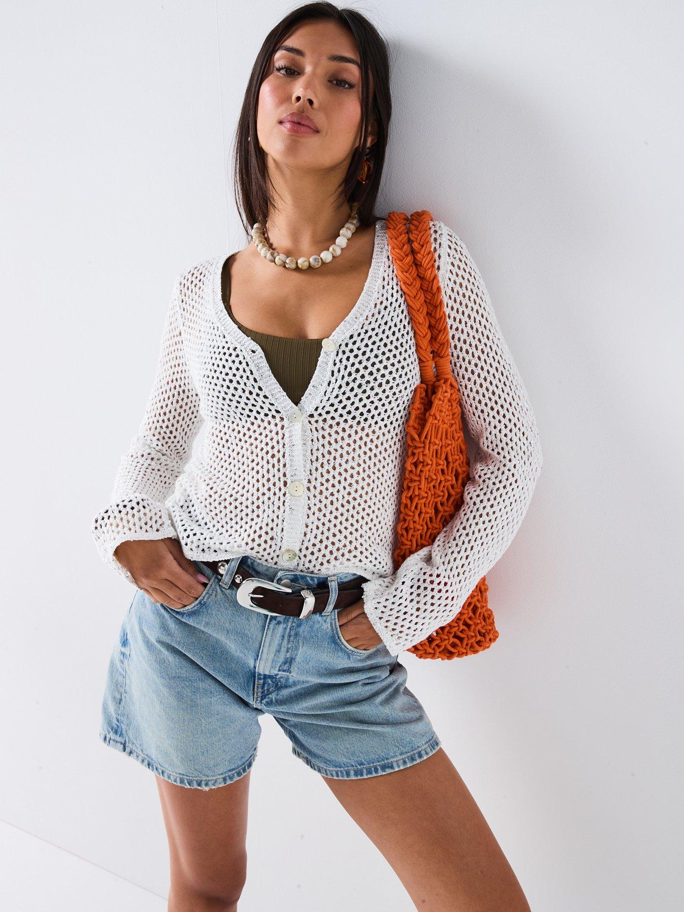 V by Very Cotton Rich Open Stitch Knitted Sequin Cardigan - Cream