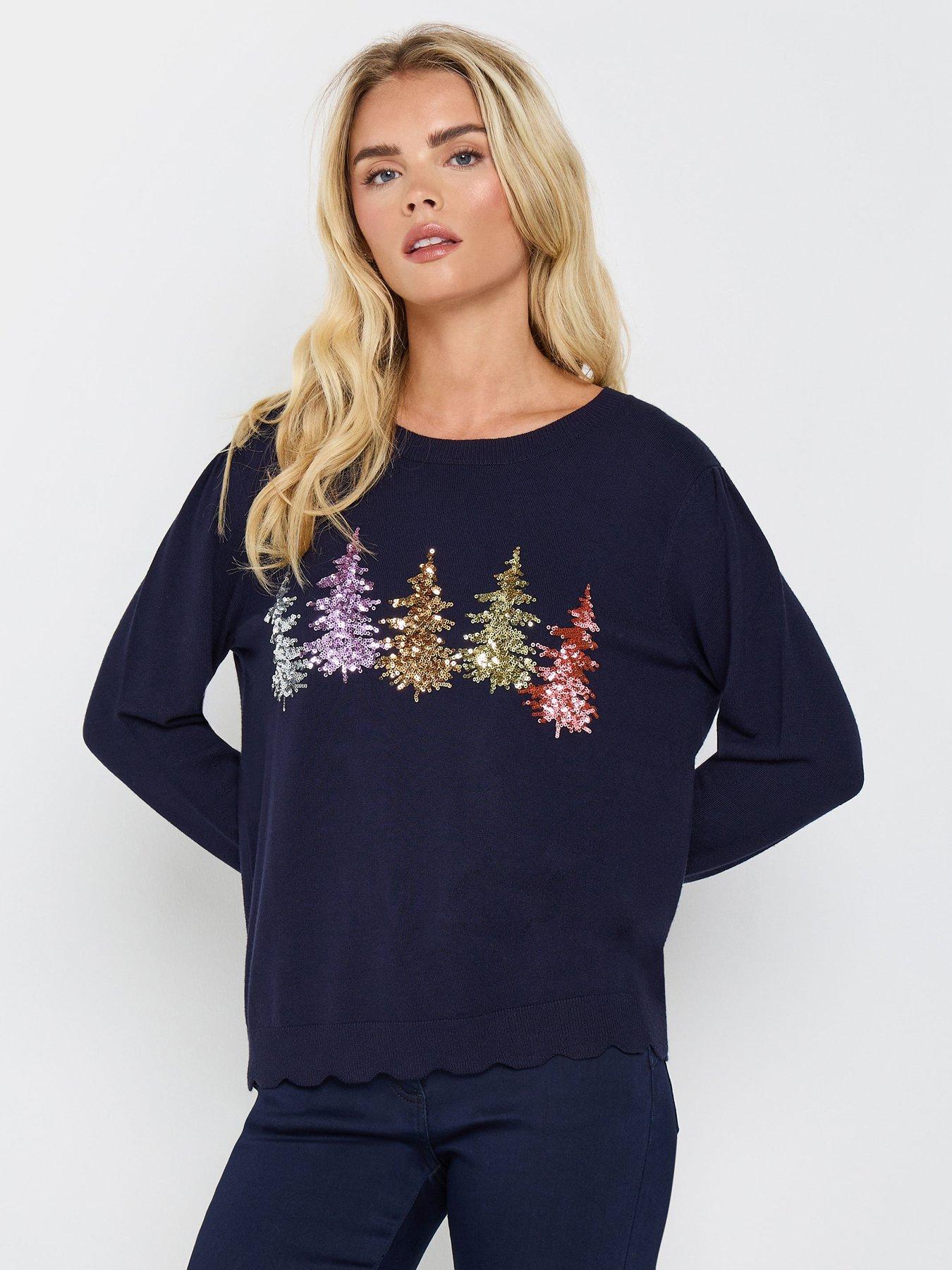 Christmas Jumper Blue Sequin Sweater Grey Sequin Snowflake Womens
