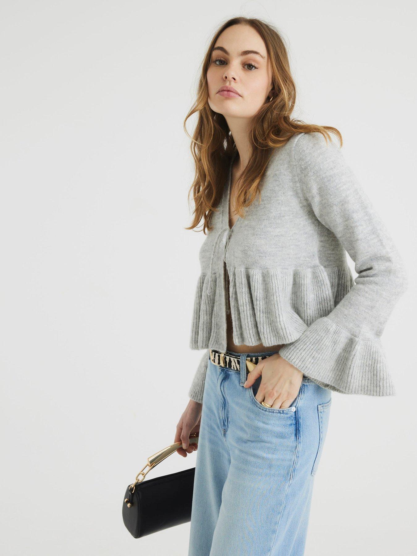 undefined Tie Frill Cardigan - Grey