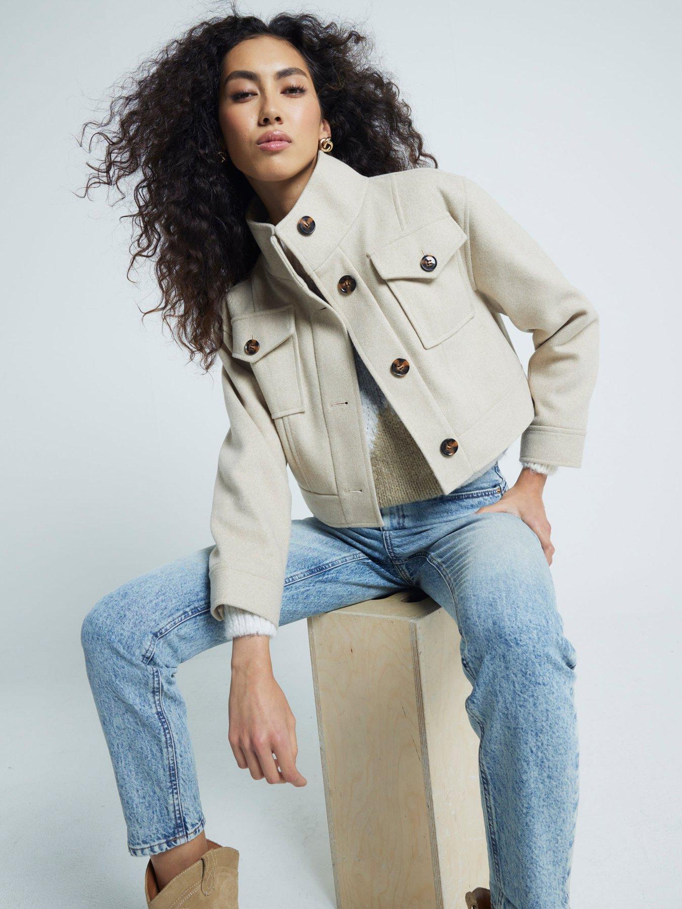 undefined Funnel Neck Crop Jacket - Beige