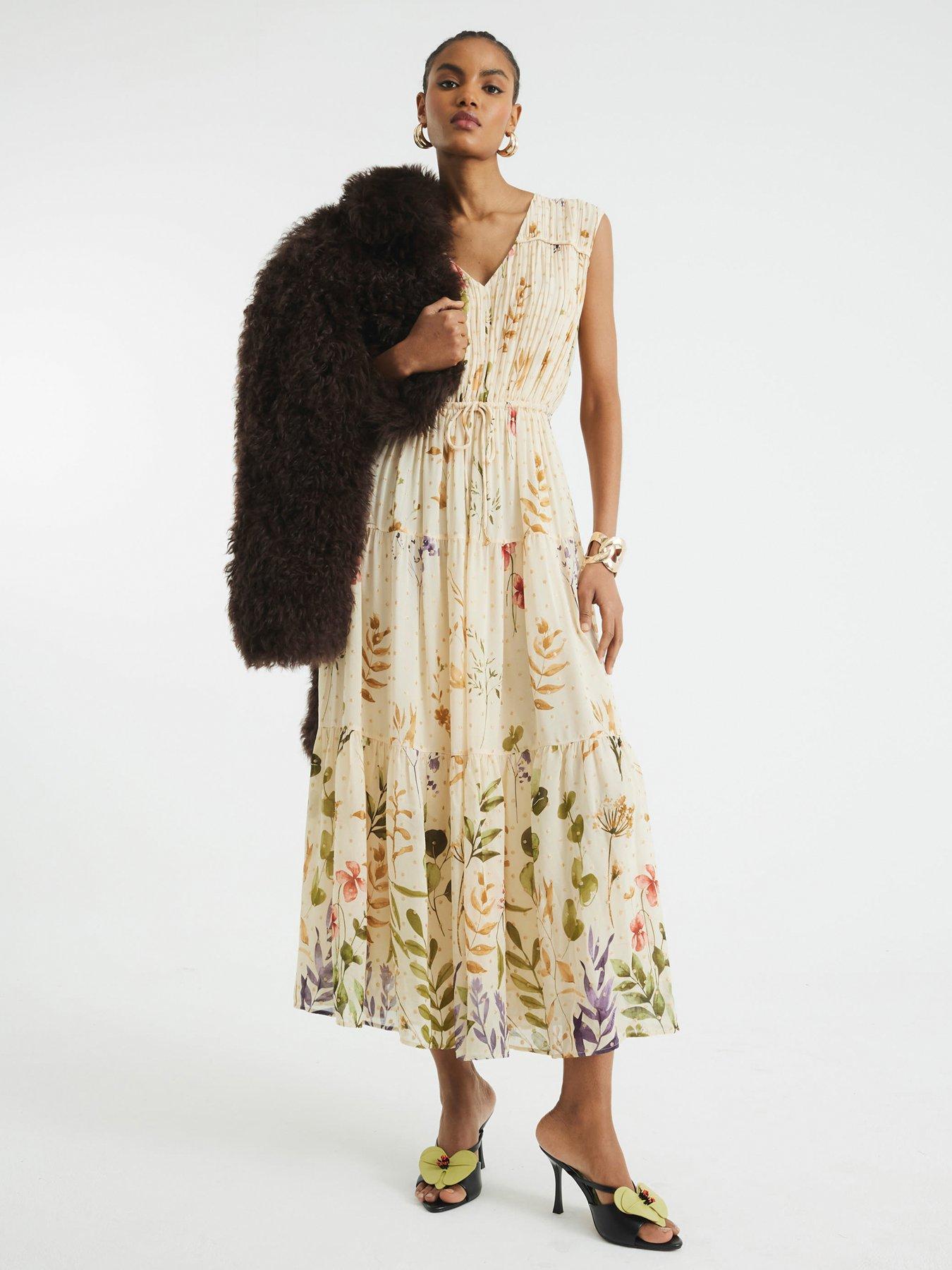 undefined Floral Shirred Midi Dress - Cream