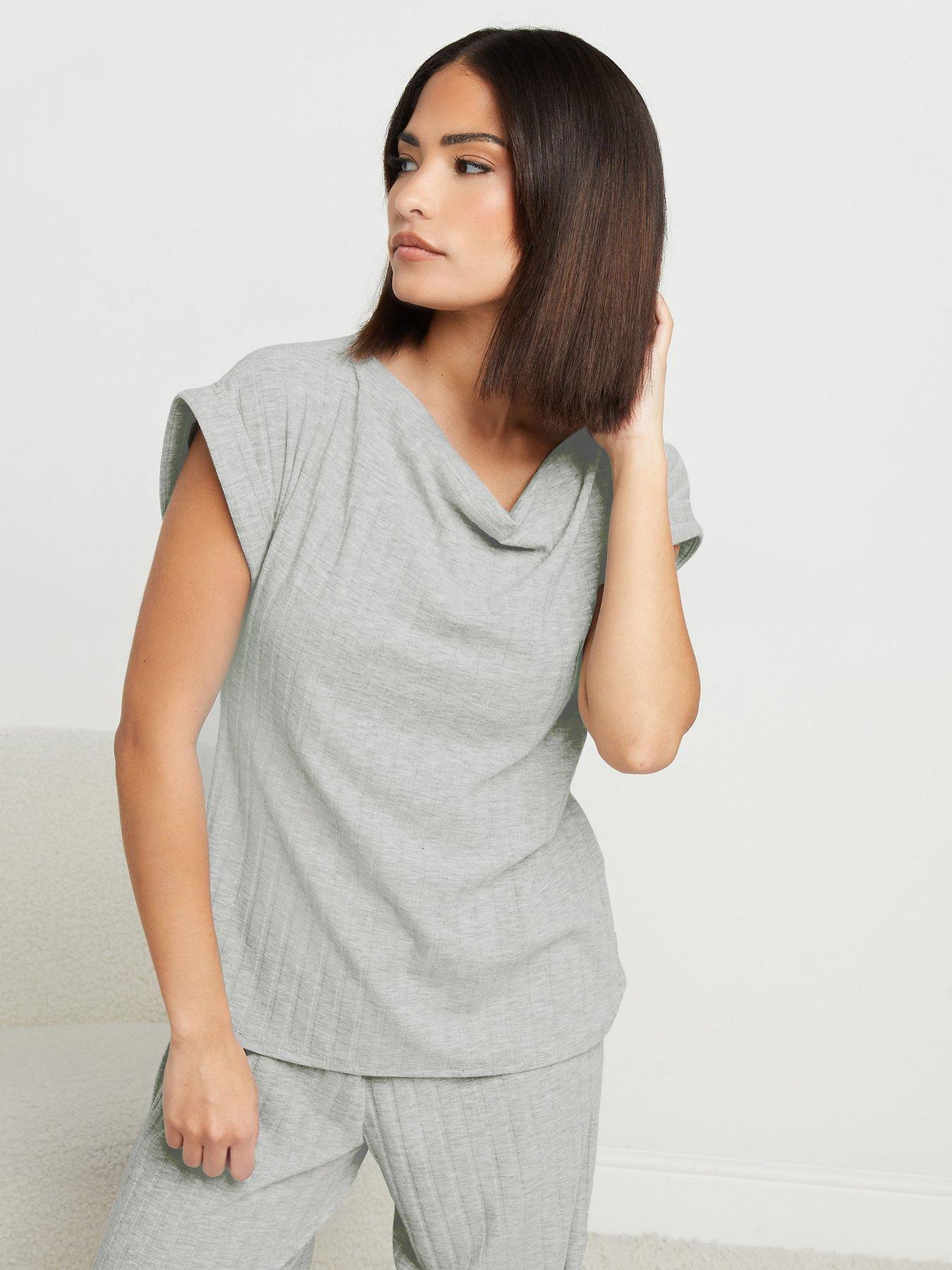 undefined Petite Cowl Neck Ribbed Top - Grey
