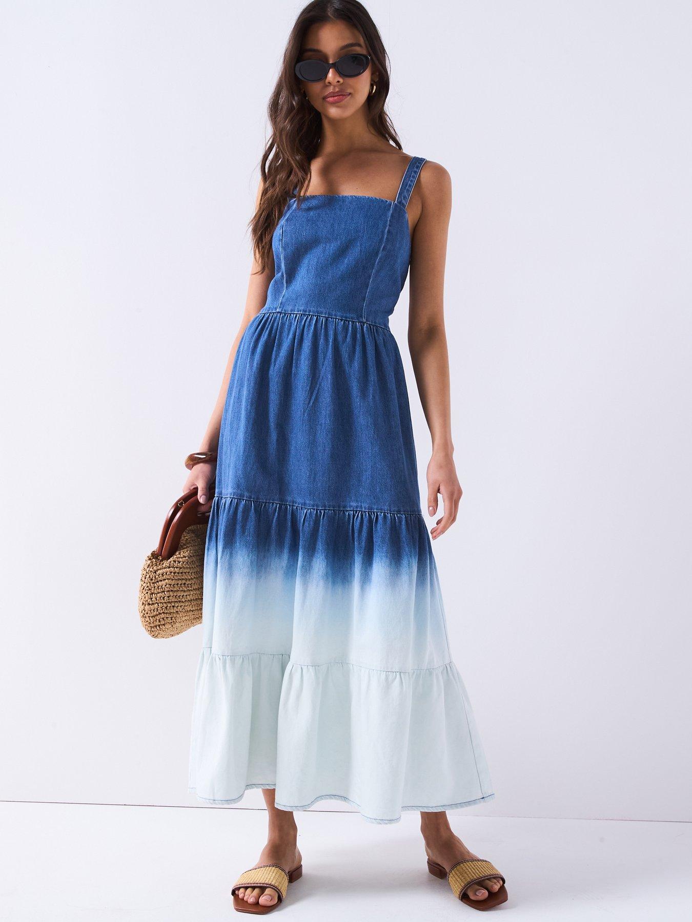 undefined Ombre Tiered Denim Dress - Mid Wash