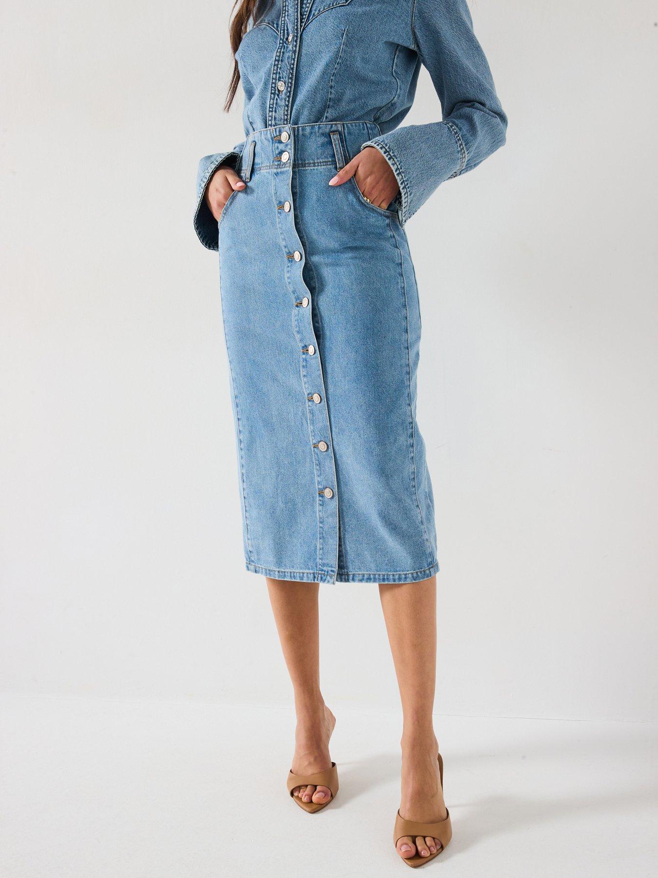 Image 1 of 6 of V by Very Button Through Denim Midi Skirt - Light Wash