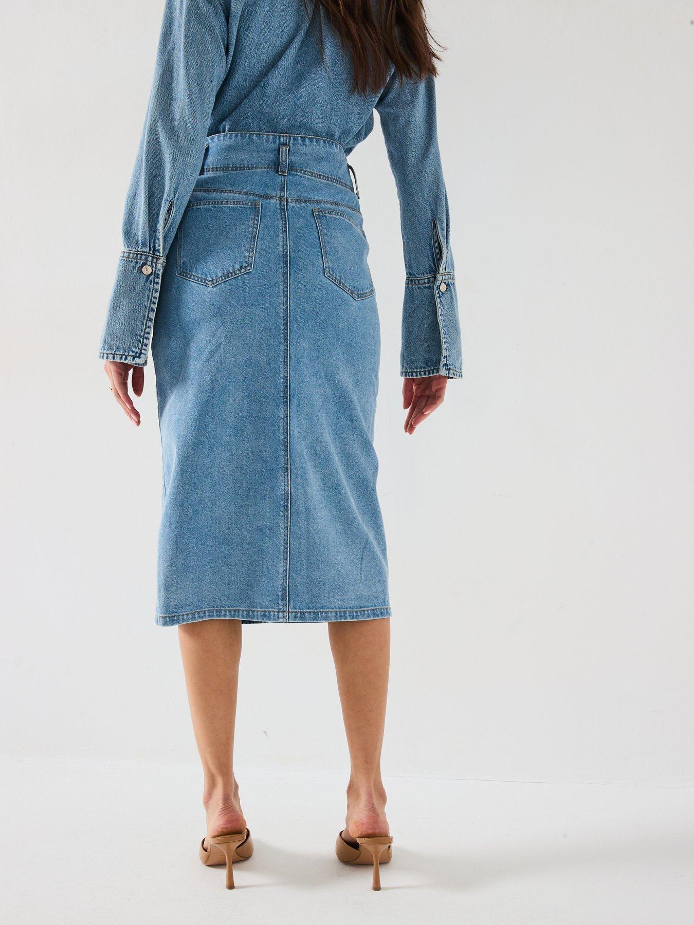 Image 2 of 6 of V by Very Button Through Denim Midi Skirt - Light Wash