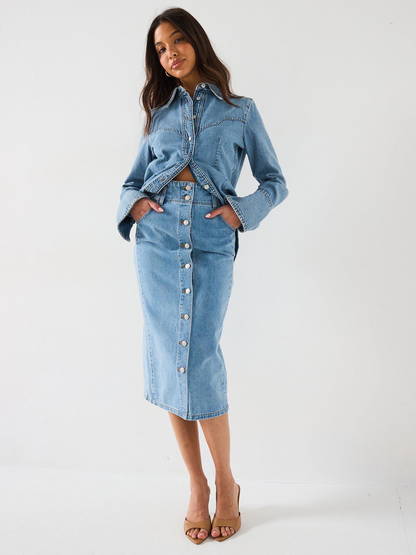Image 3 of 6 of V by Very Button Through Denim Midi Skirt - Light Wash