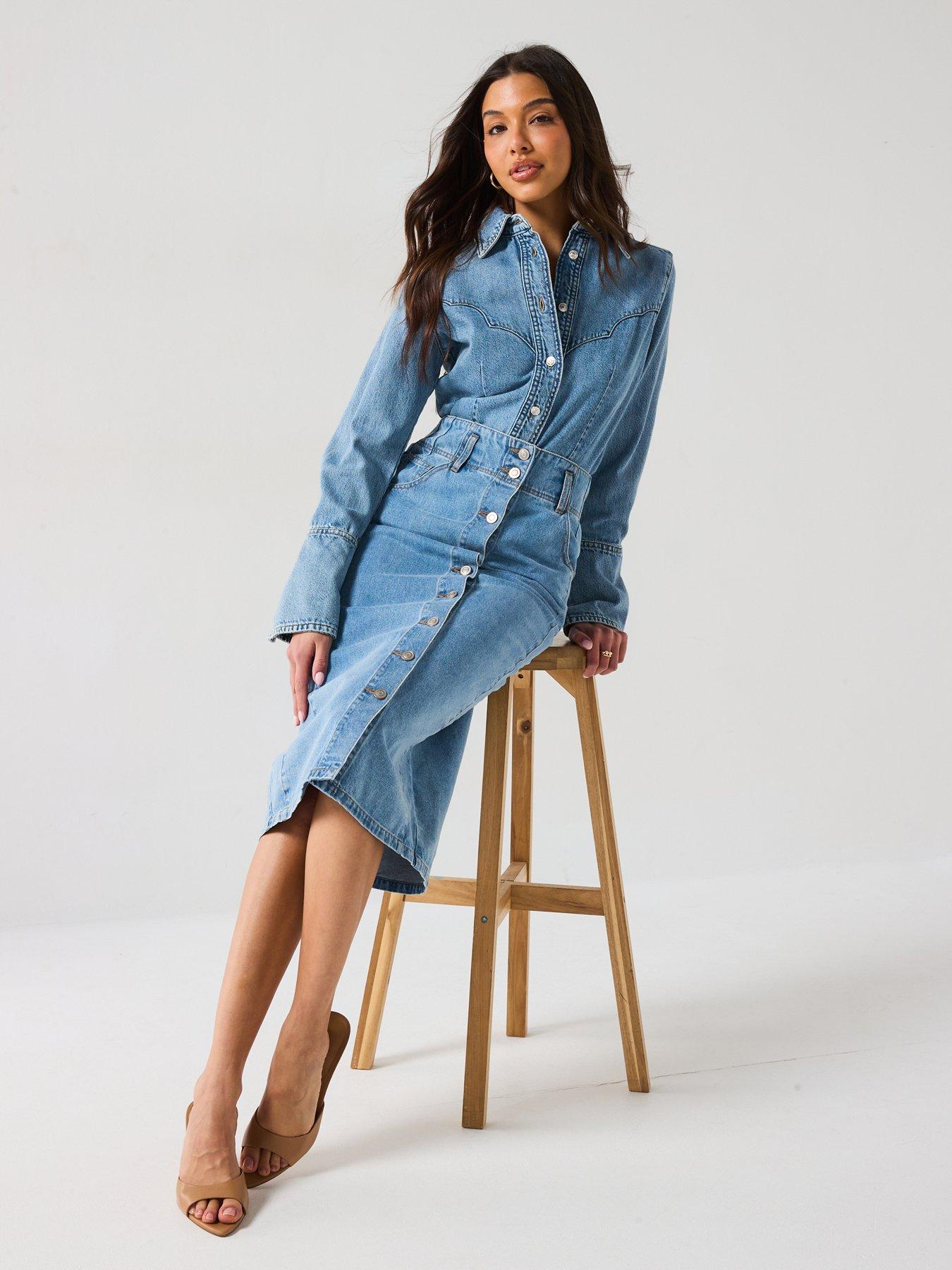 Image 4 of 6 of V by Very Button Through Denim Midi Skirt - Light Wash