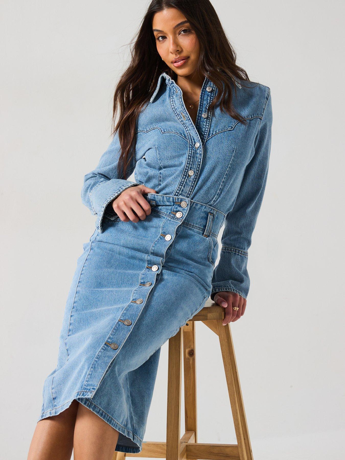 Image 5 of 6 of V by Very Button Through Denim Midi Skirt - Light Wash