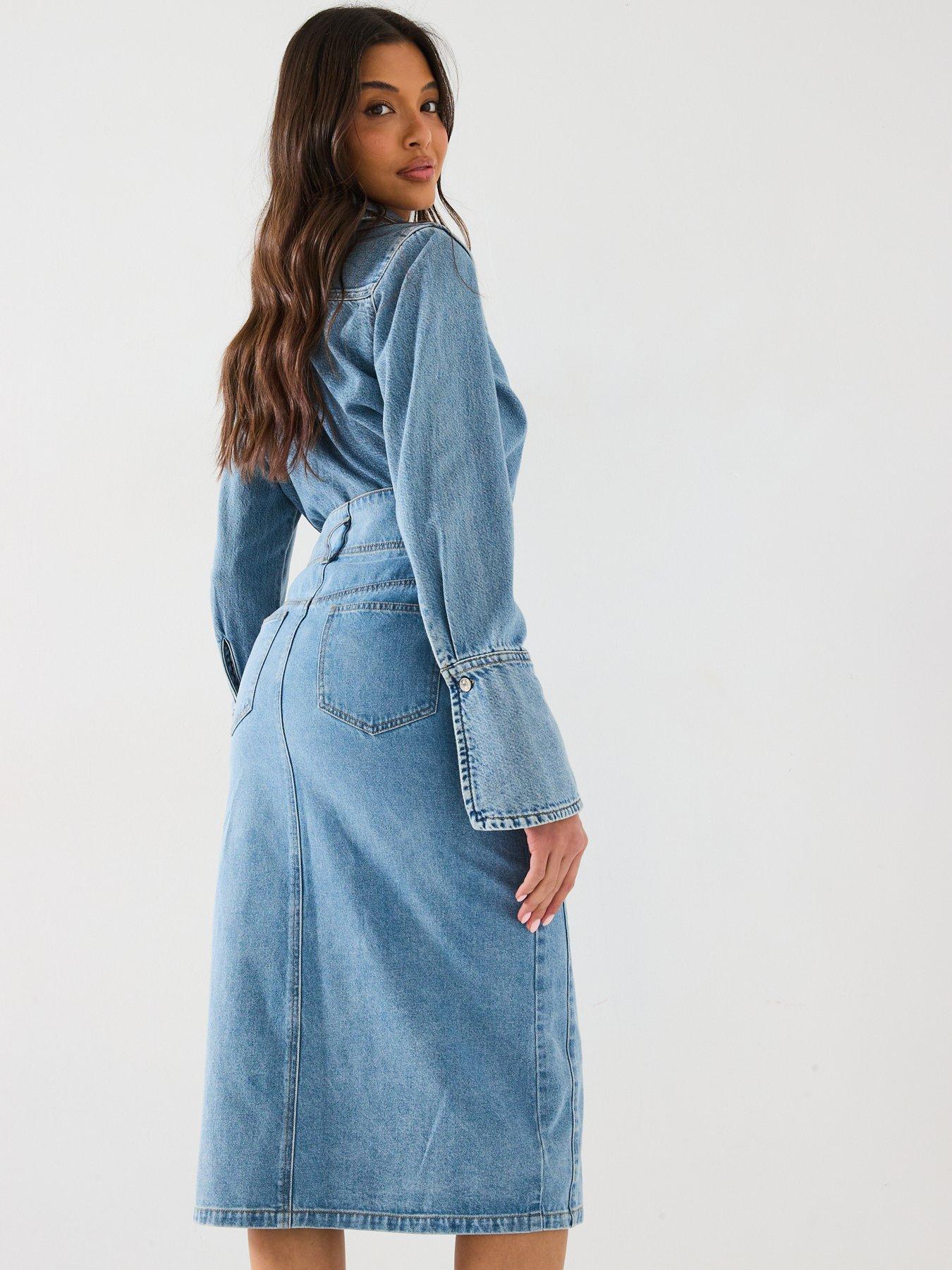 Image 6 of 6 of V by Very Button Through Denim Midi Skirt - Light Wash
