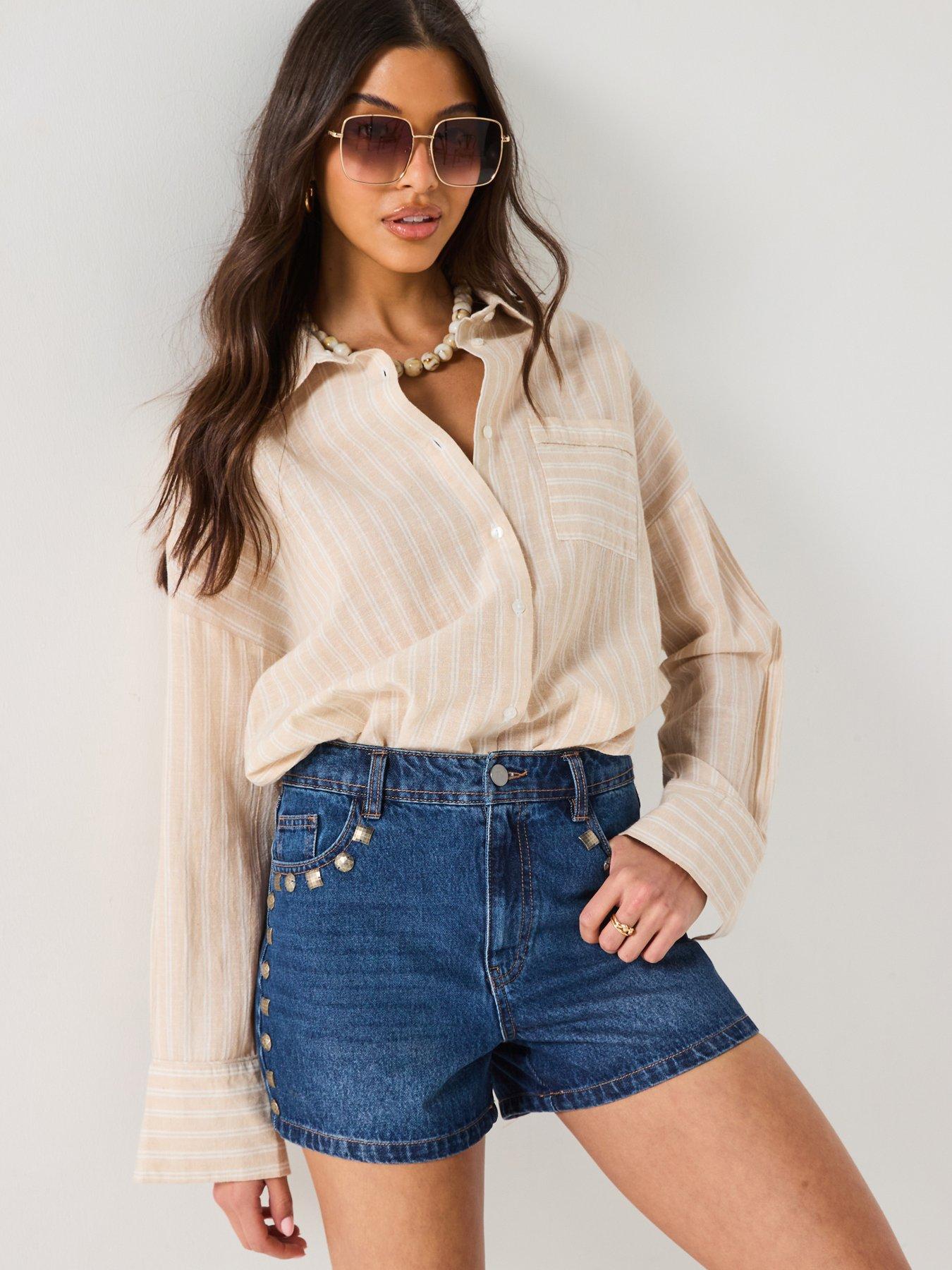 undefined Denim Shorts With Stud Trim - Mid Wash