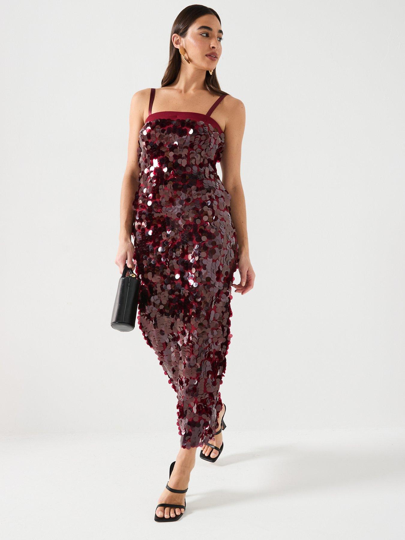 River Island Strappy Sequin Slip Dress - Dark Red