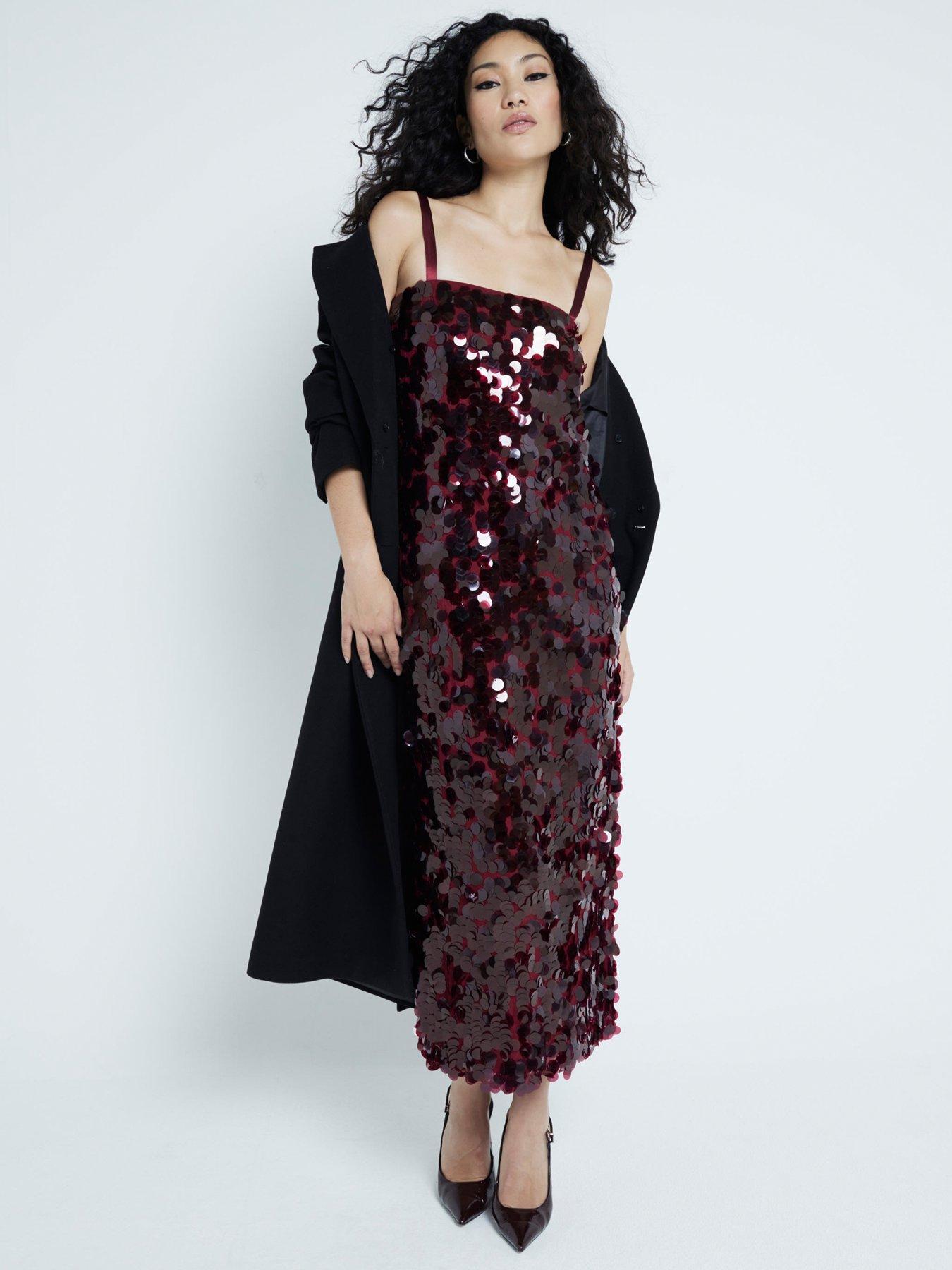 Image 1 of 6 of River Island Strappy Sequin Slip Dress - Dark Red