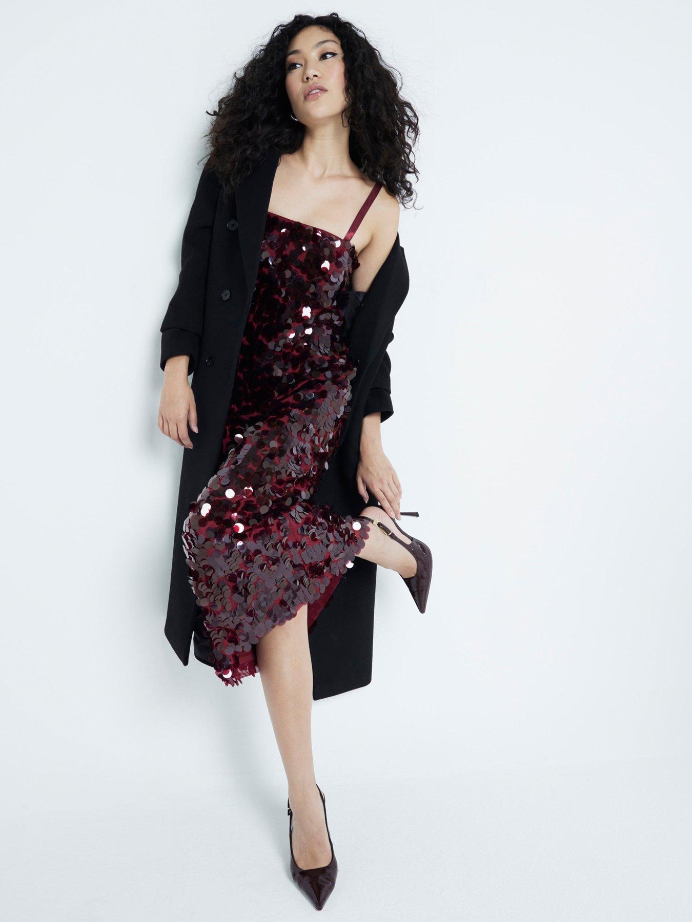 Image 3 of 6 of River Island Strappy Sequin Slip Dress - Dark Red