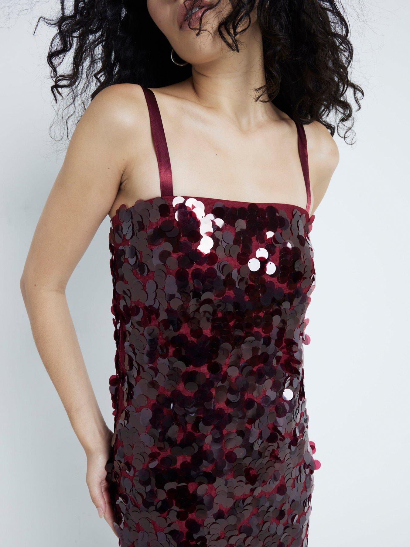 Image 4 of 6 of River Island Strappy Sequin Slip Dress - Dark Red