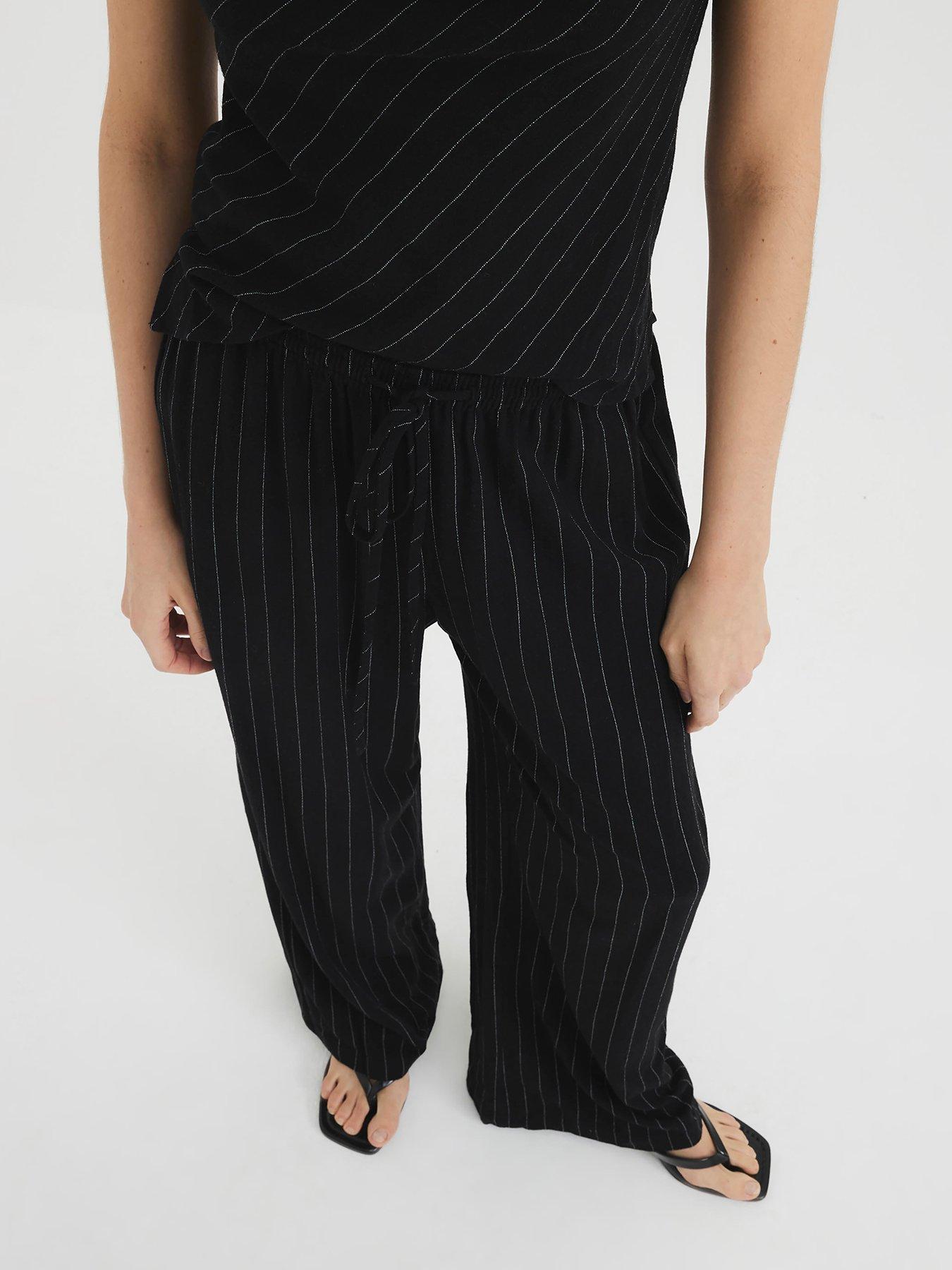 undefined Linen Stripe Trouser - Black