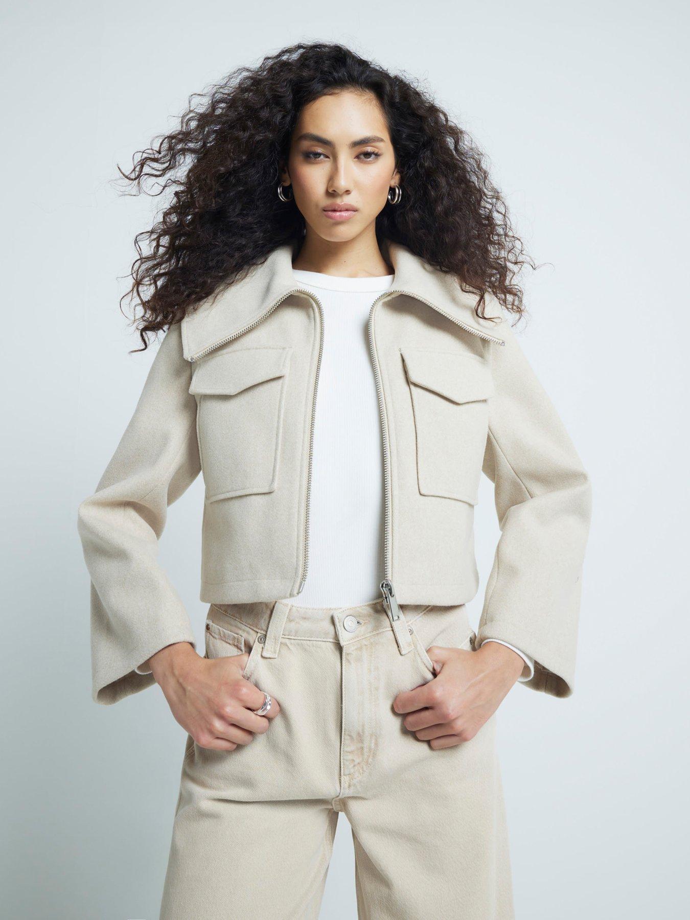 undefined Wide Collar Crop Jacket - Beige