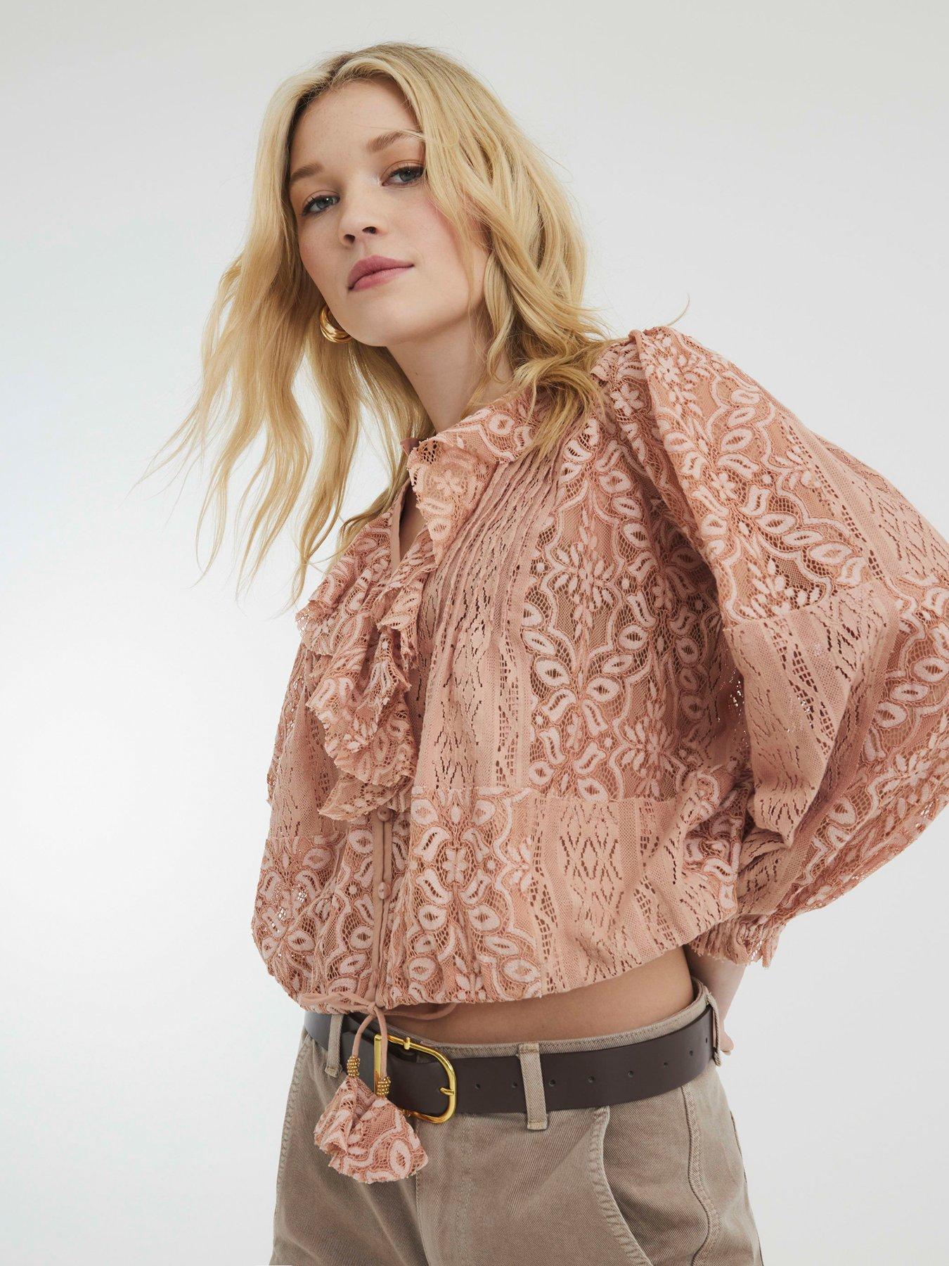 Image of River Island All Over Lace Ruffle Top - Pink