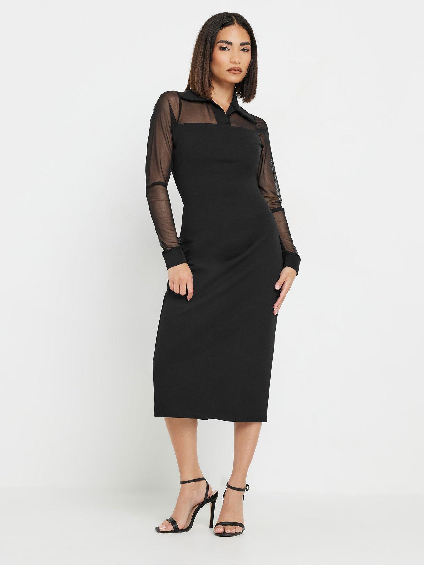 Image 1 of 4 of PixieGirl Petite Mesh Collar Midi Dress - Black