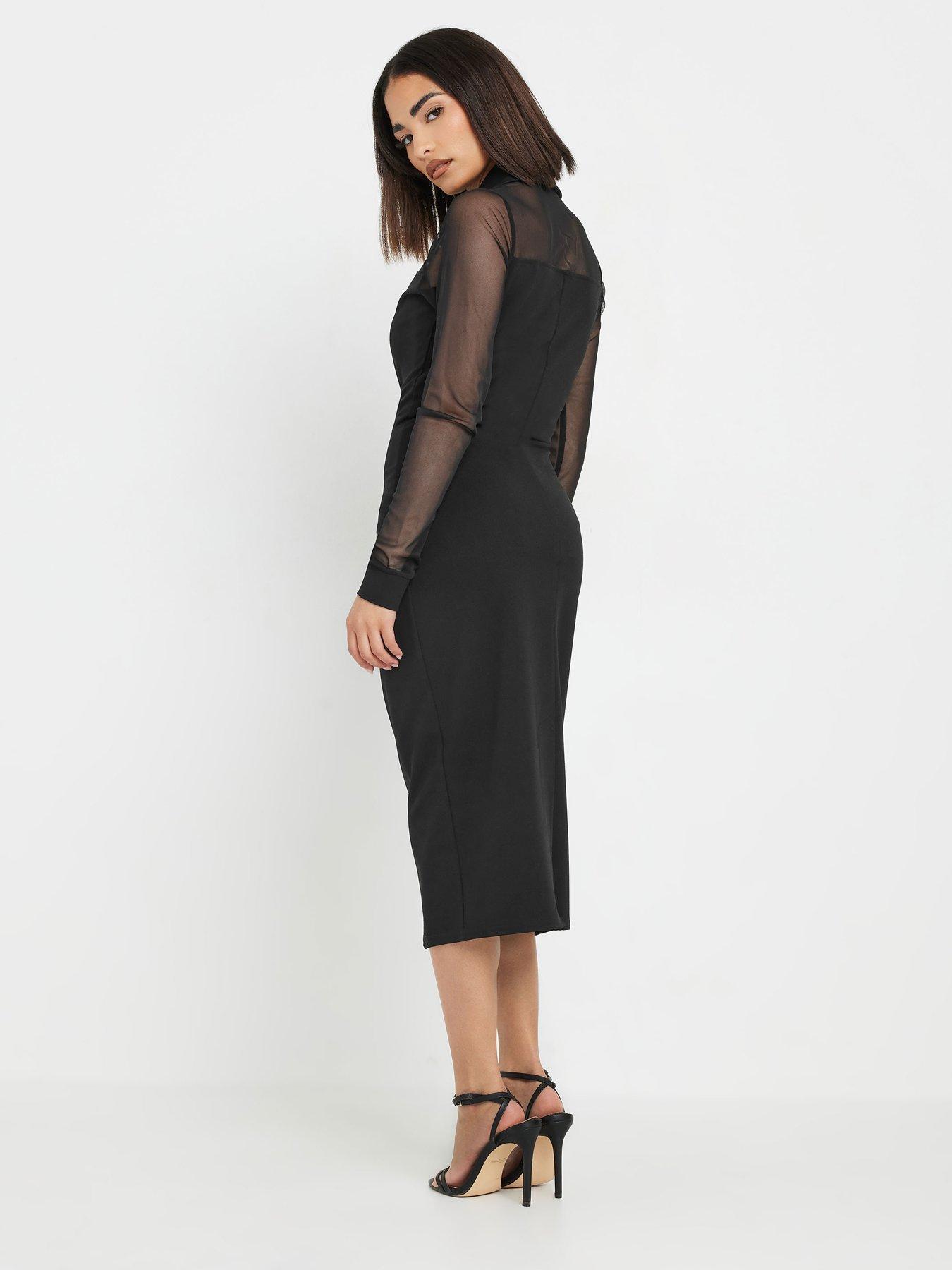 Image 2 of 4 of PixieGirl Petite Mesh Collar Midi Dress - Black