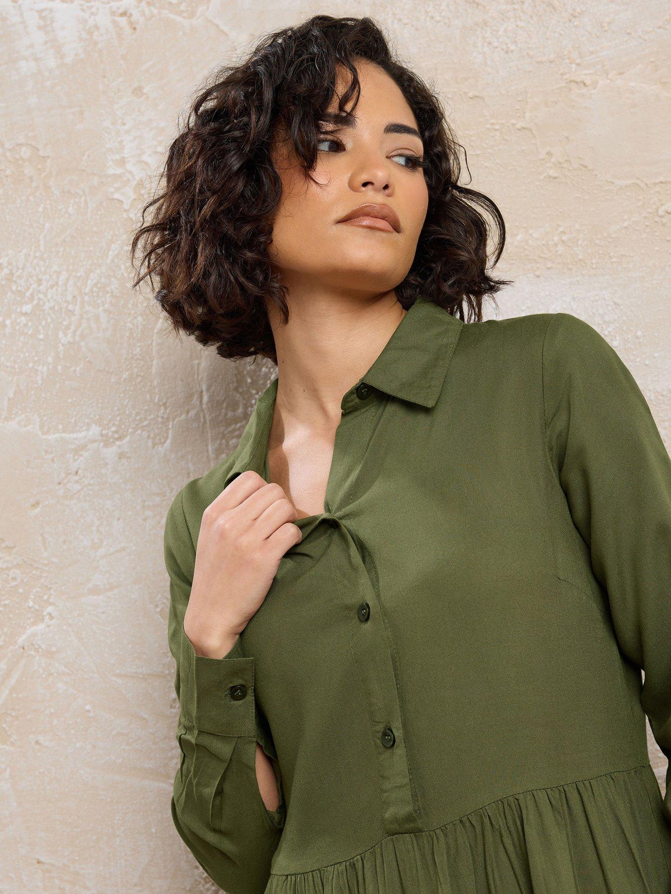 PixieGirl Petite Long Sleeve Smock Button Midi Dress - Green | Very