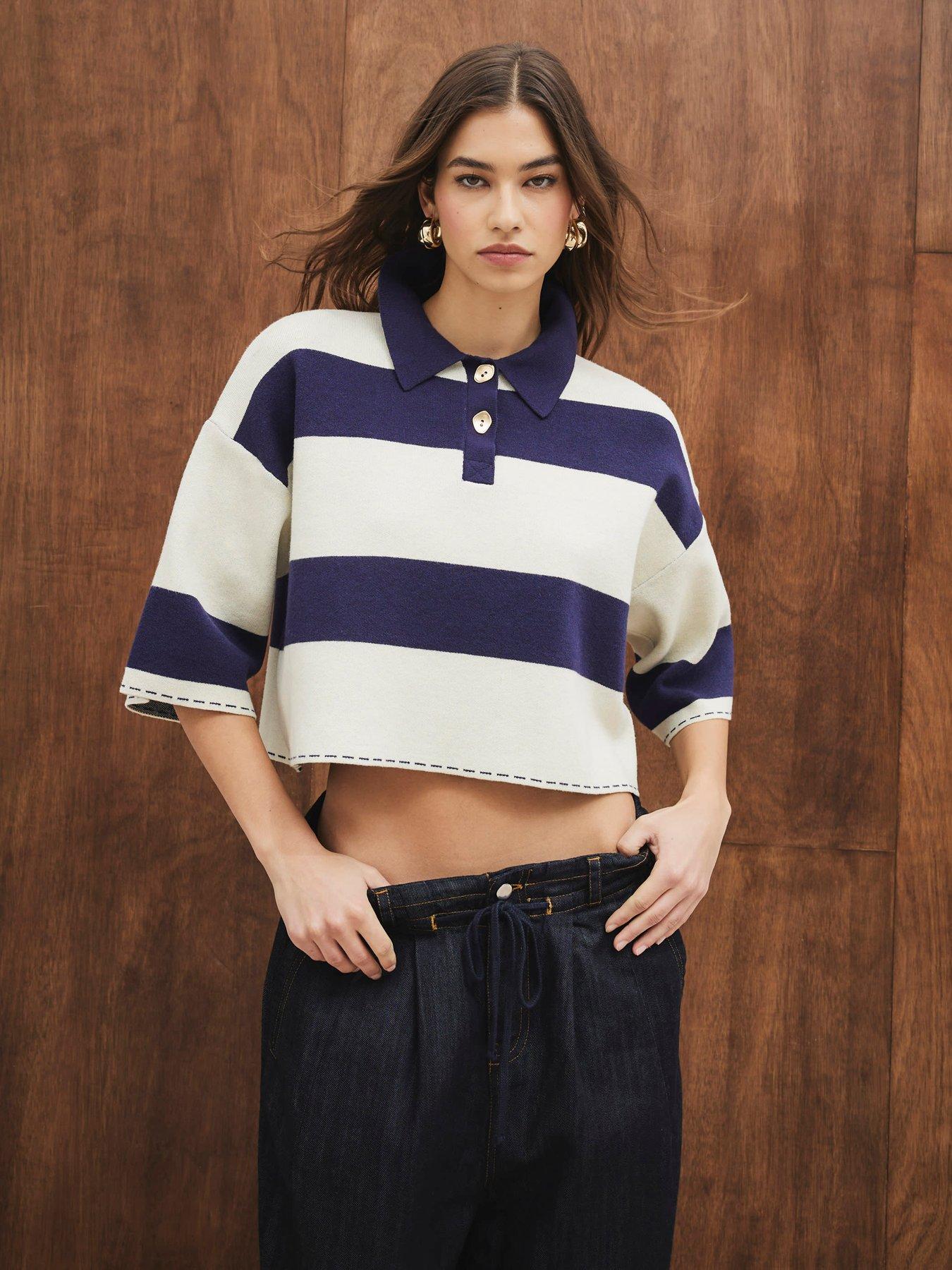 undefined Boxy Crop Stripe Polo - Navy/White