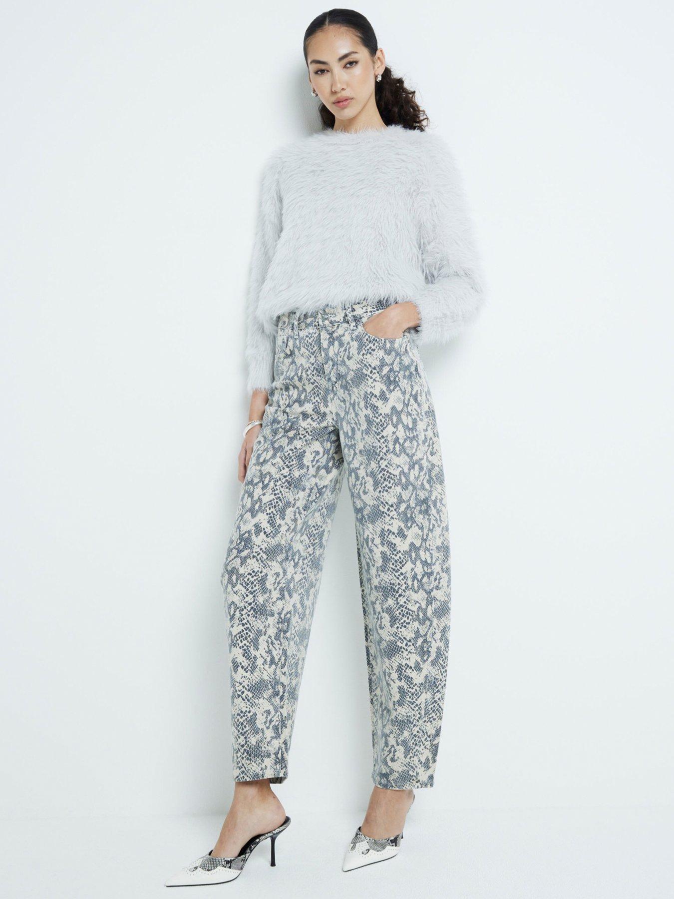 undefined Seamed Barrel Snake Print Jean - Cream