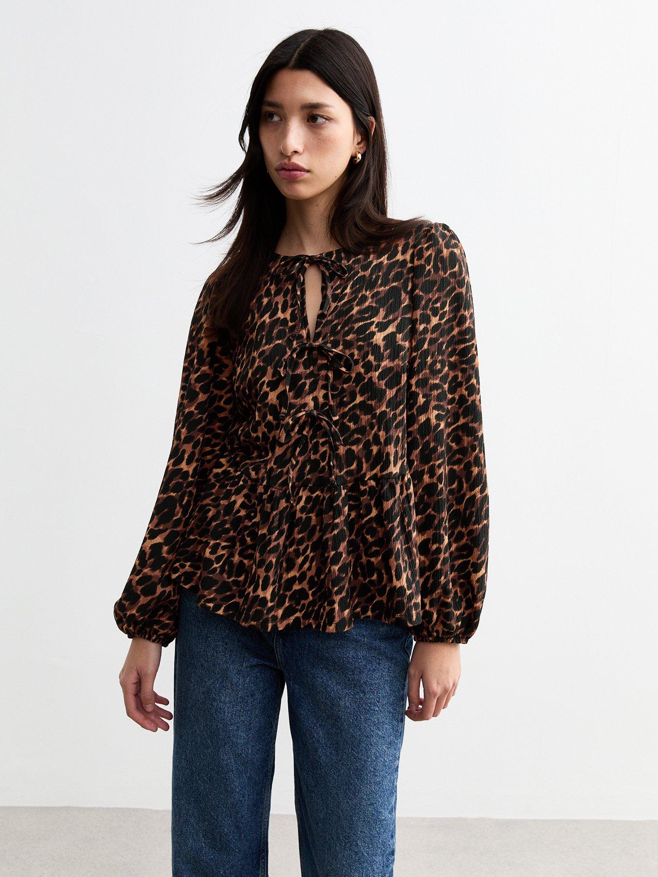 Image 1 of 5 of New Look Brown Leopard Print Keyhole Detail Top
