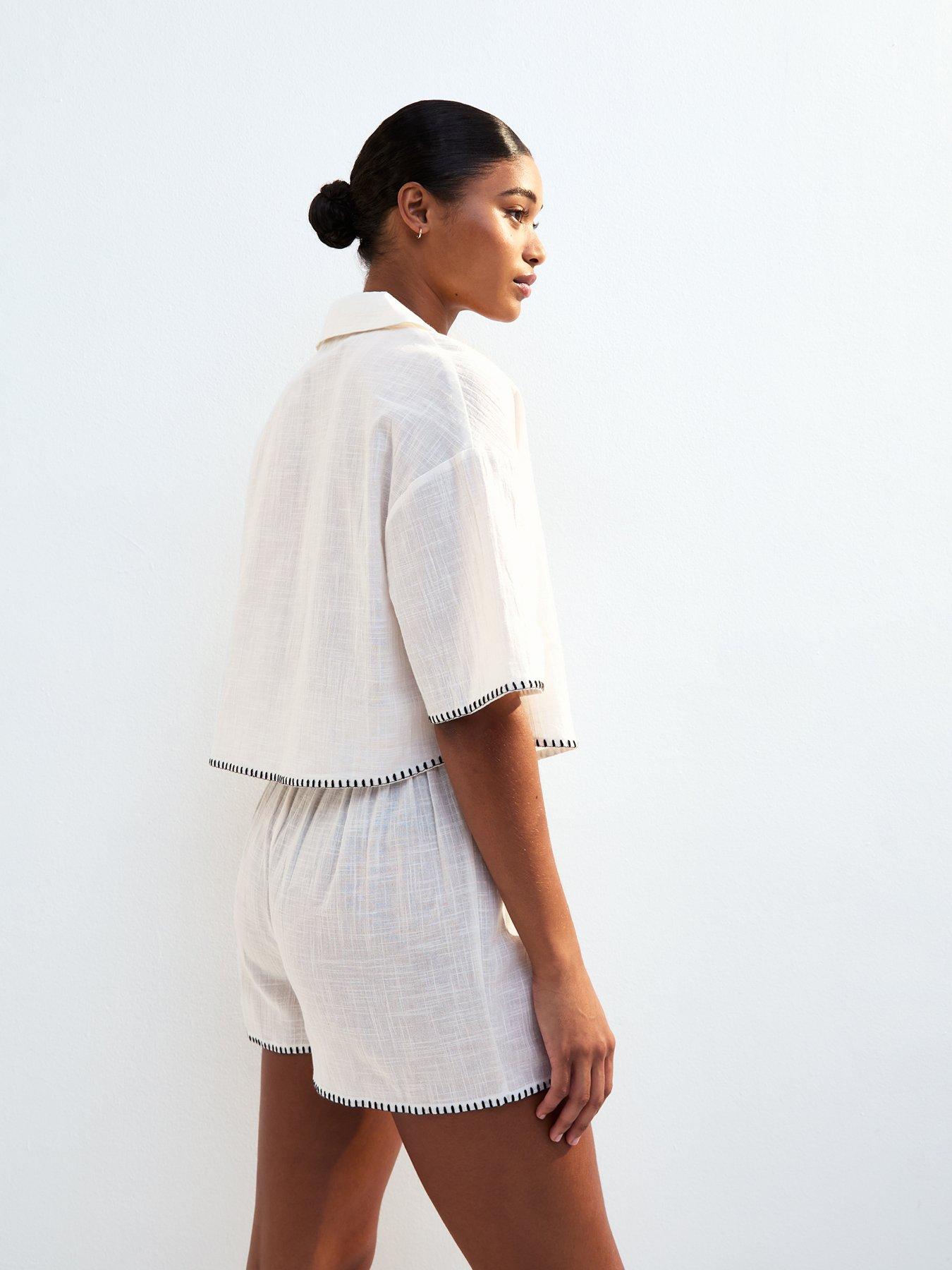 Image 2 of 6 of New Look Cream Textured Blanket Stitch Cropped Beach Shirt