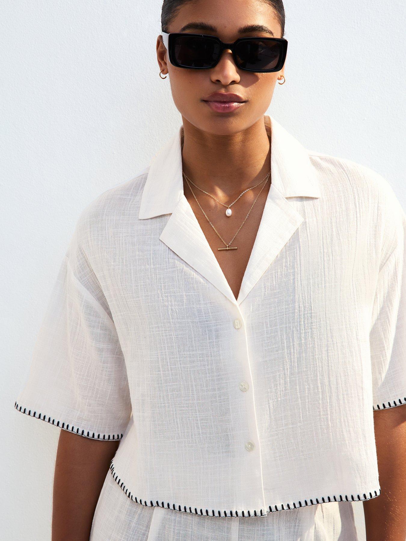 Image 5 of 6 of New Look Cream Textured Blanket Stitch Cropped Beach Shirt