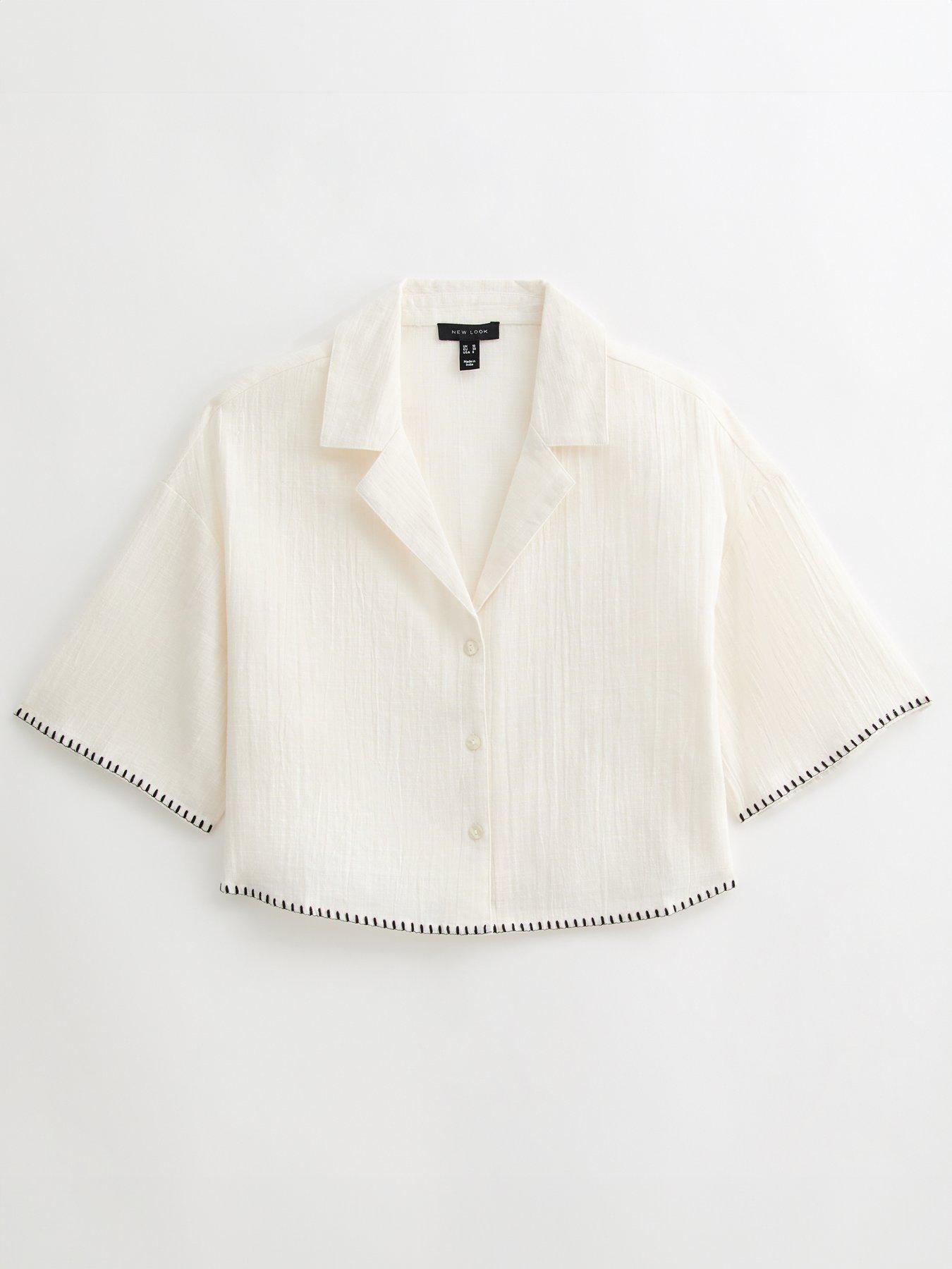 Image 6 of 6 of New Look Cream Textured Blanket Stitch Cropped Beach Shirt
