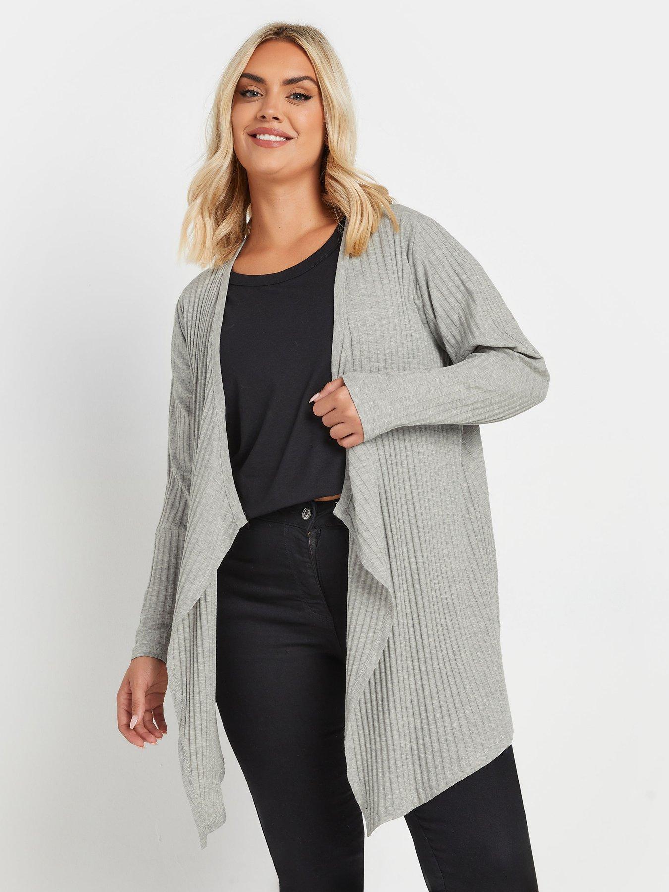 undefined Curve Ribbed Waterfall Soft Feel Cardigan - Grey