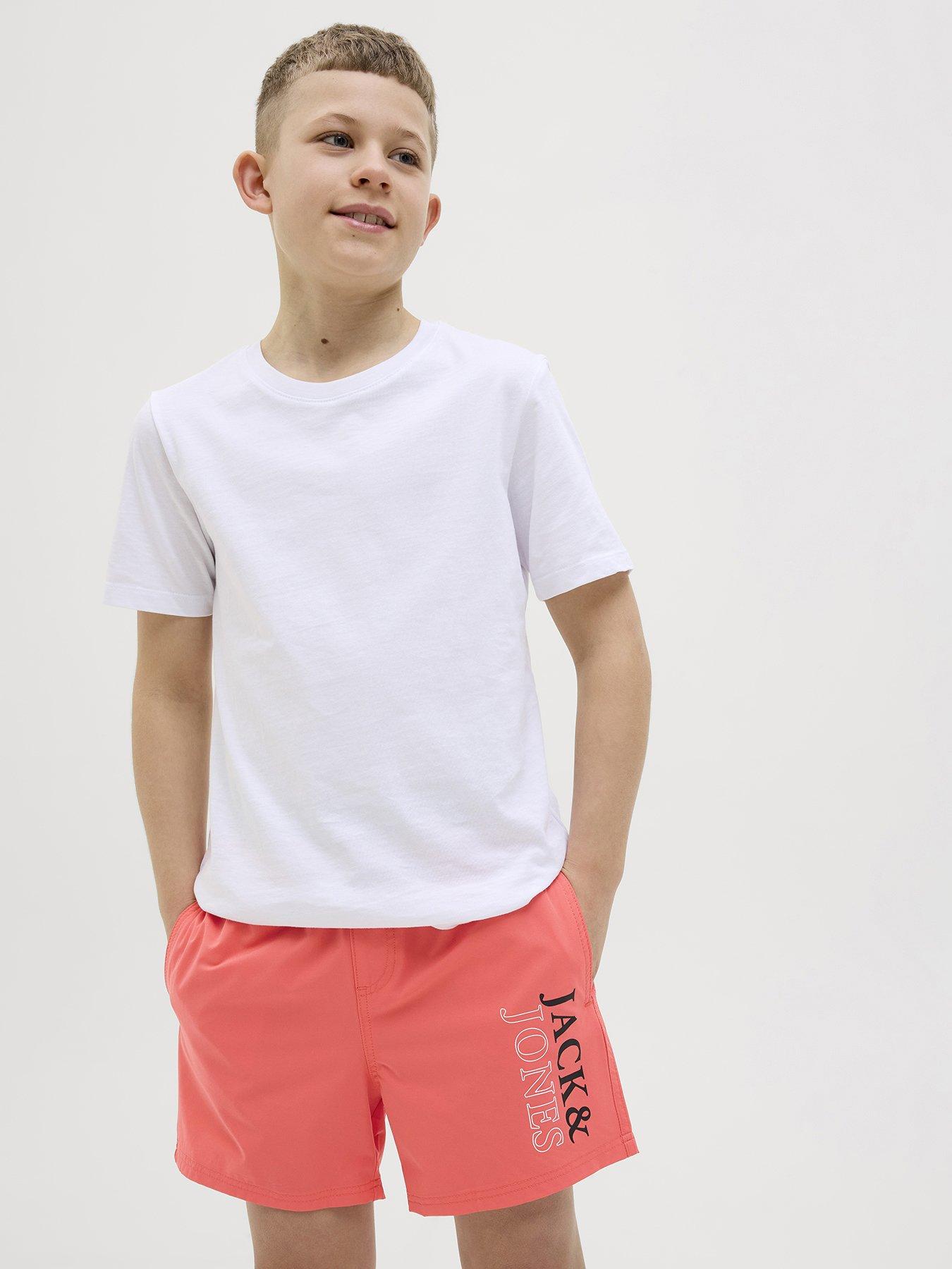 Image 1 of 6 of Jack & Jones Junior Boys Maui Double Logo Swim Shorts - Hot Coral