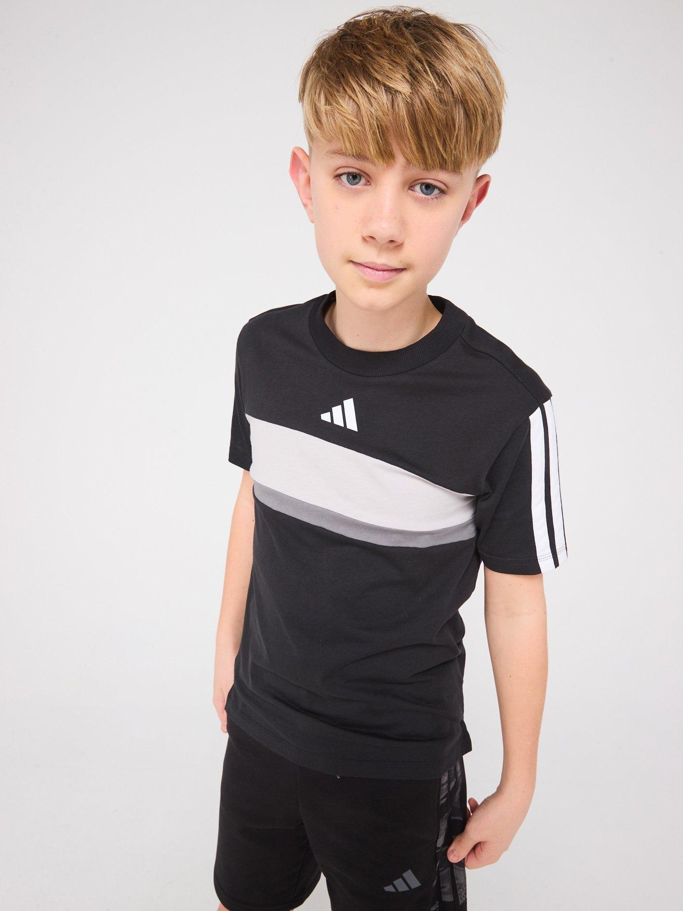 undefined Junior Boys Seasonal Essentials Tiberio 3-Stripes T-Shirt - Black/White