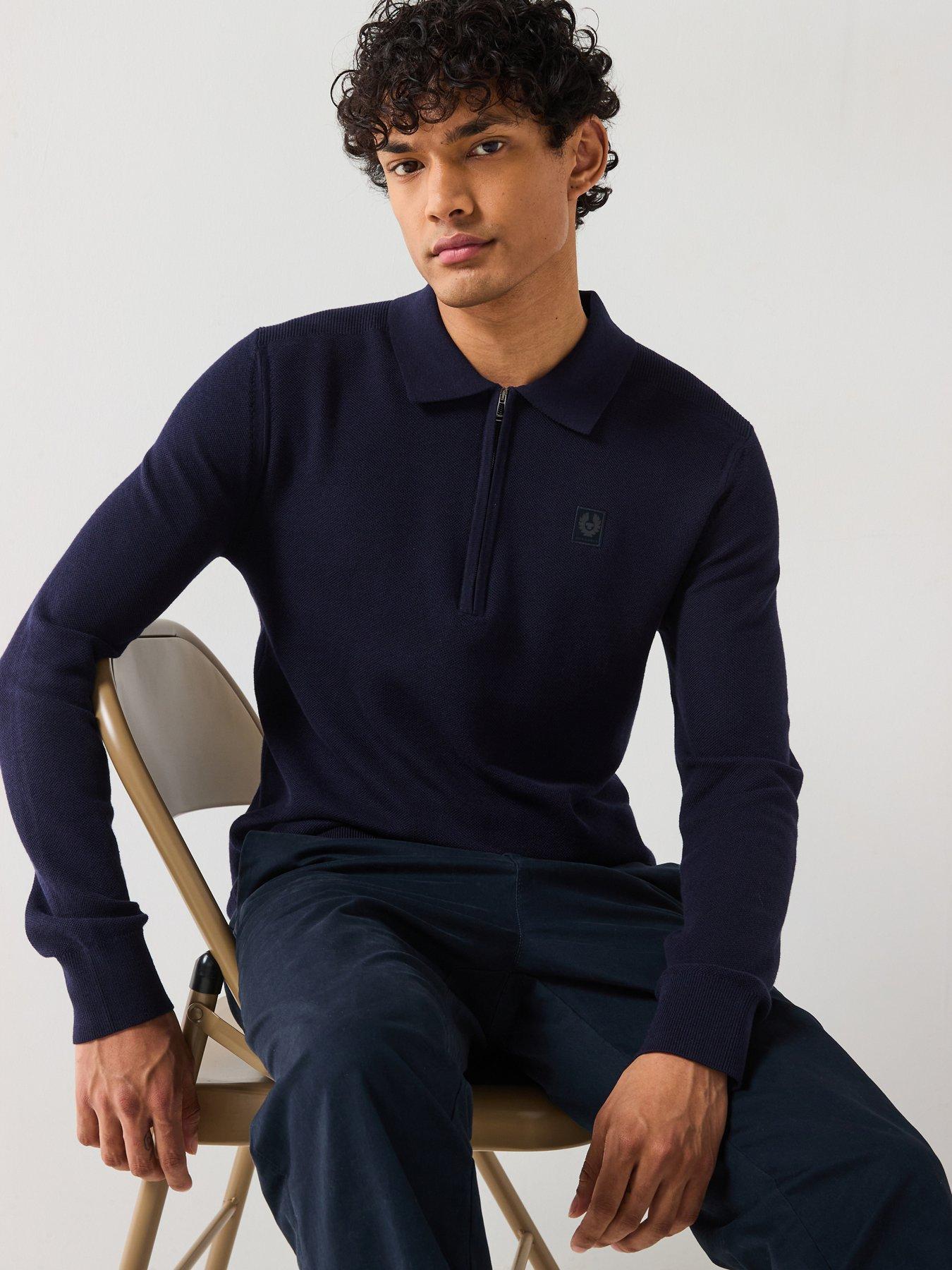 undefined Drift 1/4 Zip Long Sleeve Knitted Polo - Navy