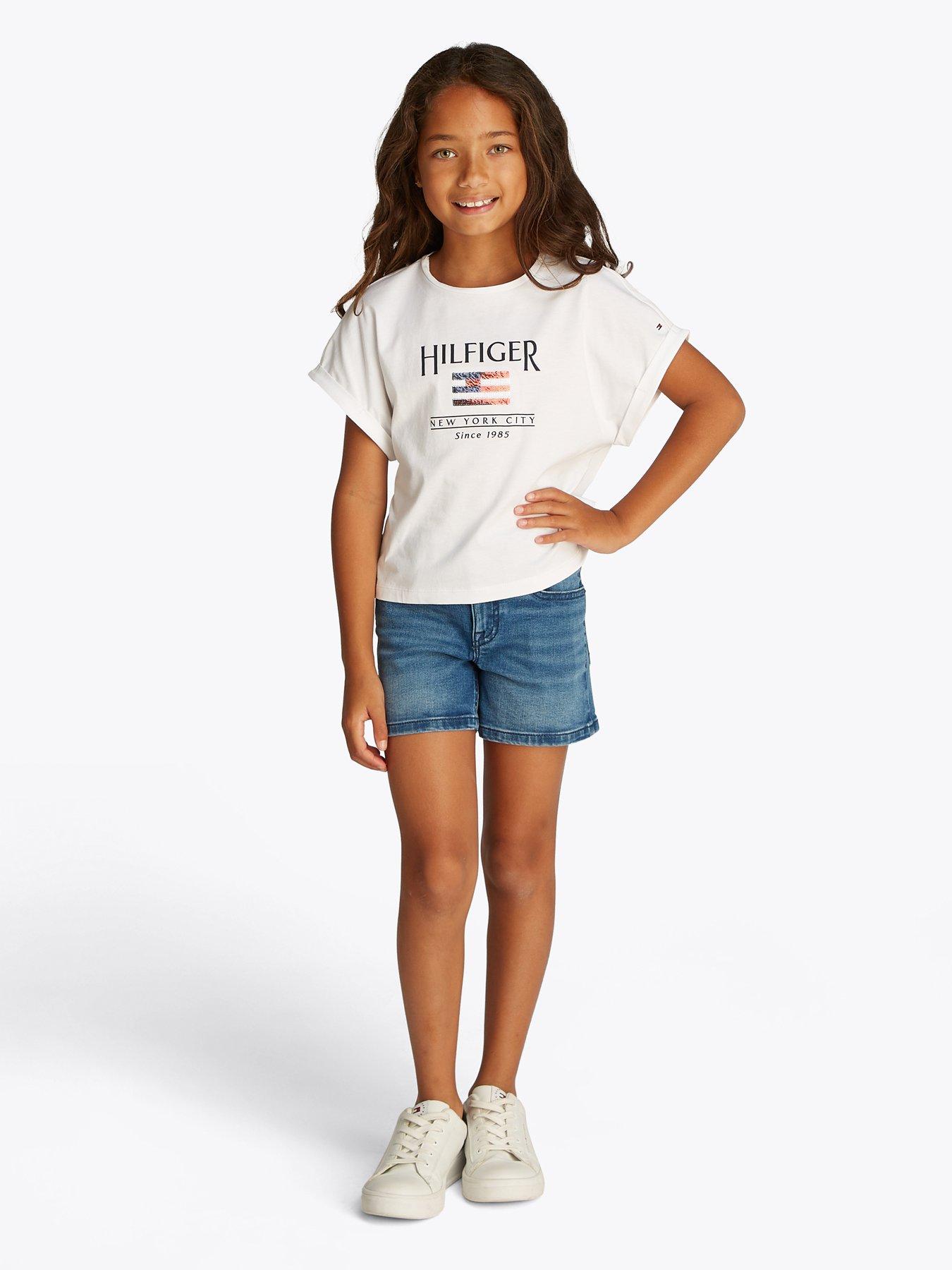 undefined Girls Sequins Flag Short Sleeve T-Shirt - White
